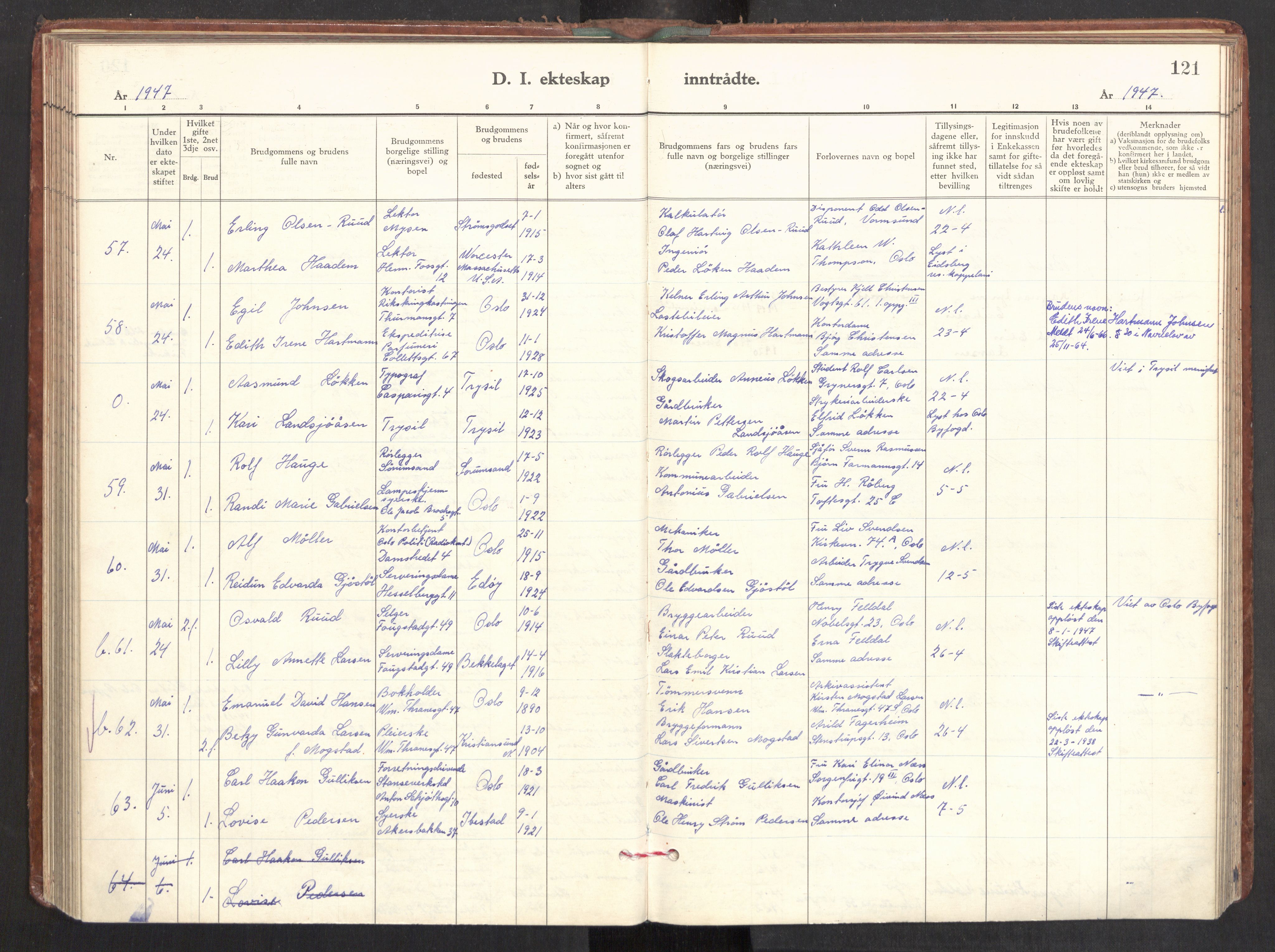 Gamle Aker prestekontor Kirkebøker, AV/SAO-A-10617a/F/L0022: Parish register (official) no. 22, 1941-1952, p. 121