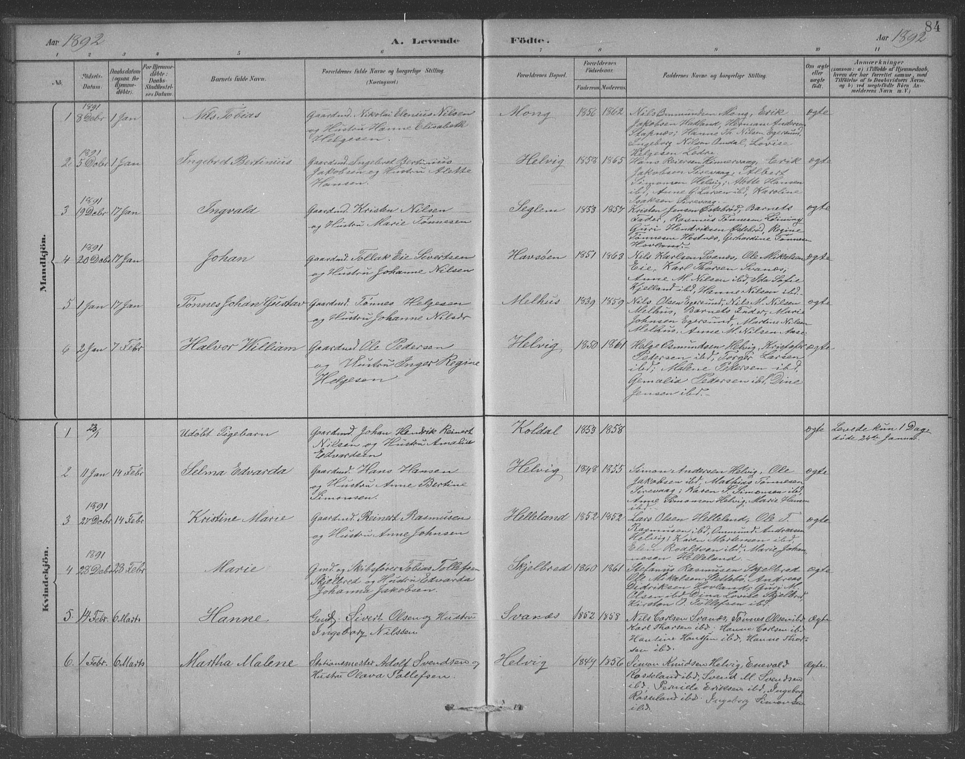 Eigersund sokneprestkontor, AV/SAST-A-101807/S09/L0007: Parish register (copy) no. B 7, 1882-1892, p. 84