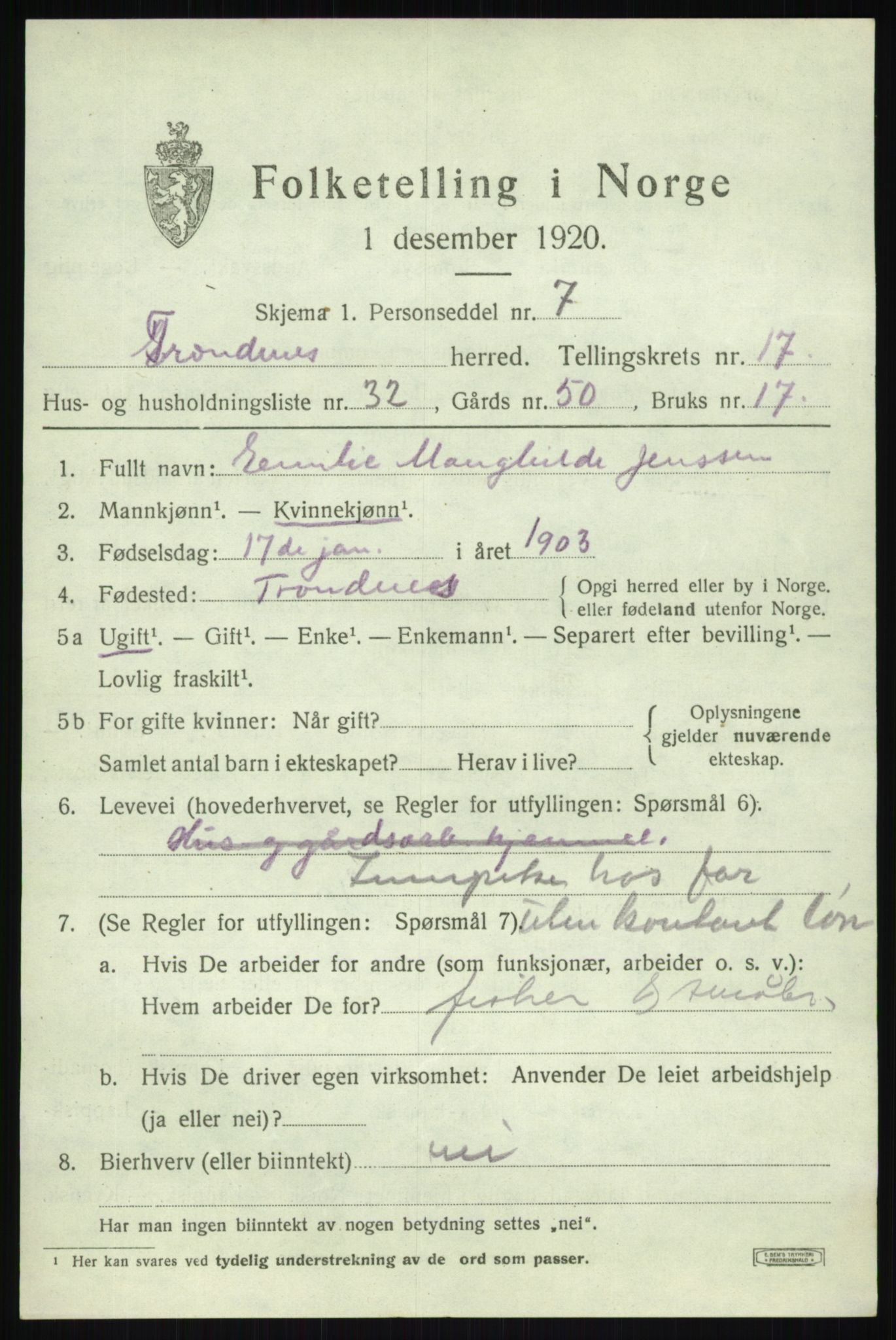 SATØ, 1920 census for Trondenes, 1920, p. 12231