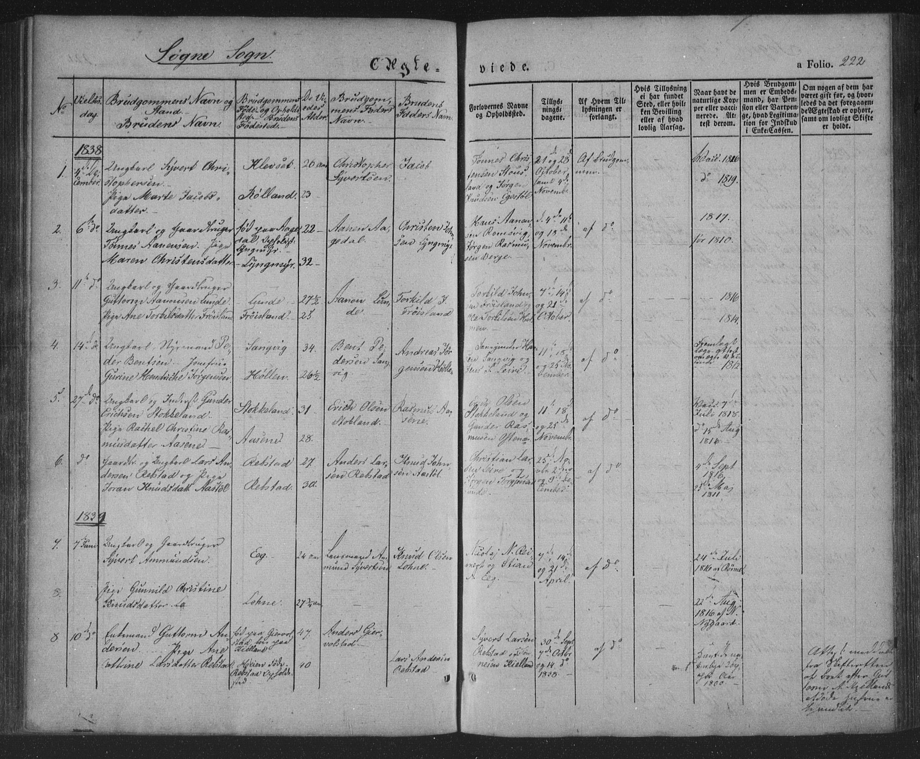 Søgne sokneprestkontor, SAK/1111-0037/F/Fa/Fab/L0009: Parish register (official) no. A 9, 1838-1853, p. 222
