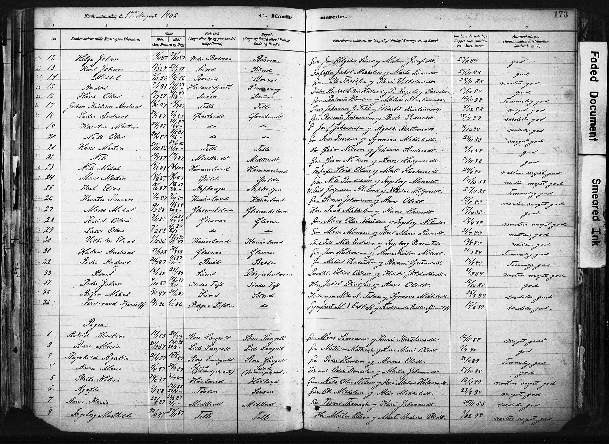 Sund sokneprestembete, AV/SAB-A-99930: Parish register (official) no. B 1, 1882-1907, p. 173