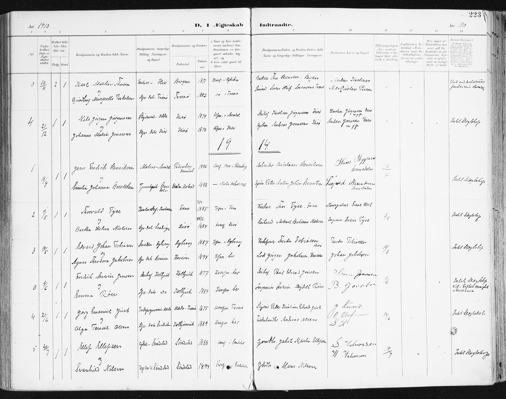 Hisøy sokneprestkontor, AV/SAK-1111-0020/F/Fa/L0004: Parish register (official) no. A 4, 1895-1917, p. 223
