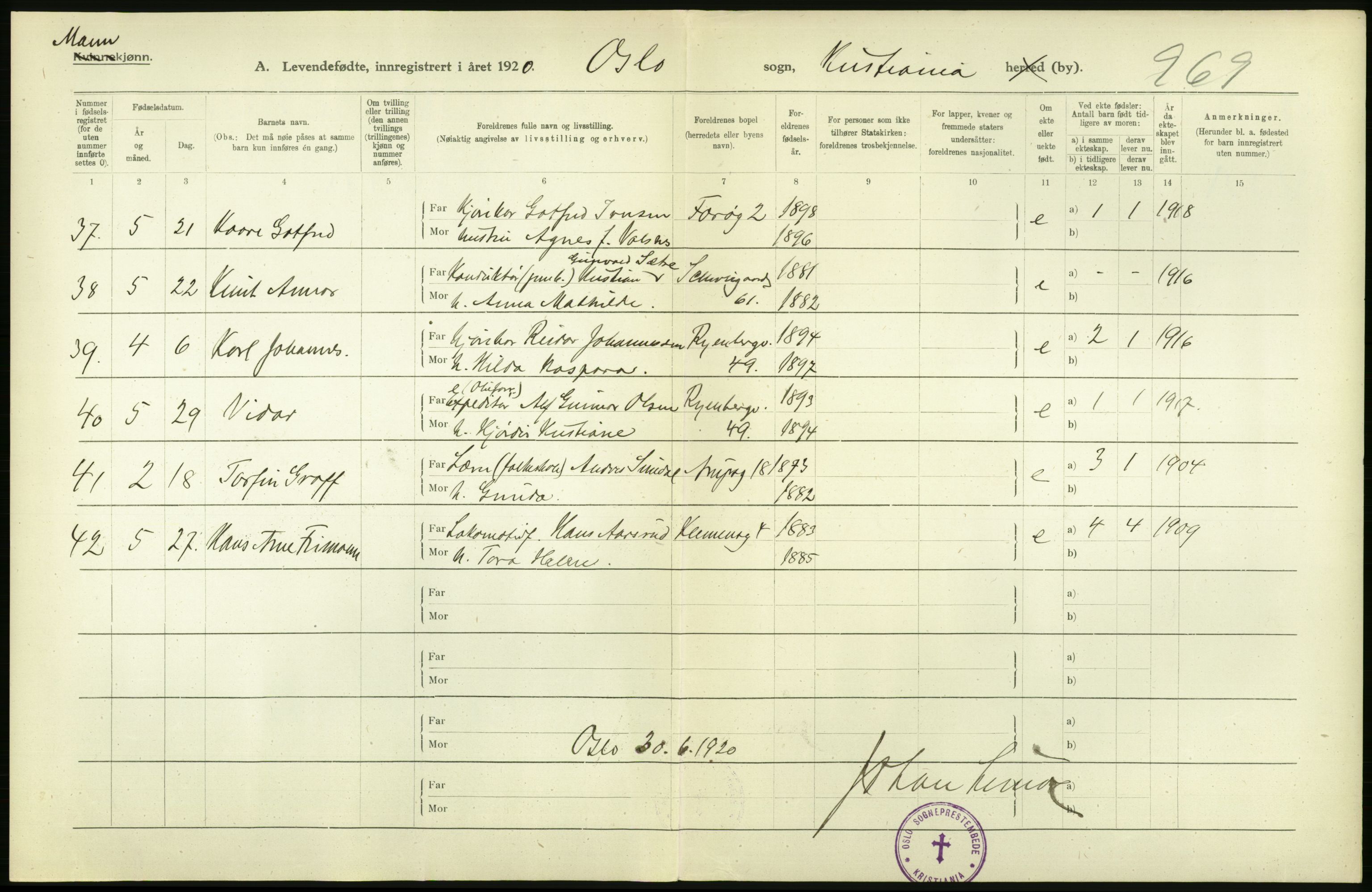 Statistisk sentralbyrå, Sosiodemografiske emner, Befolkning, AV/RA-S-2228/D/Df/Dfb/Dfbj/L0008: Kristiania: Levendefødte menn og kvinner., 1920, p. 12