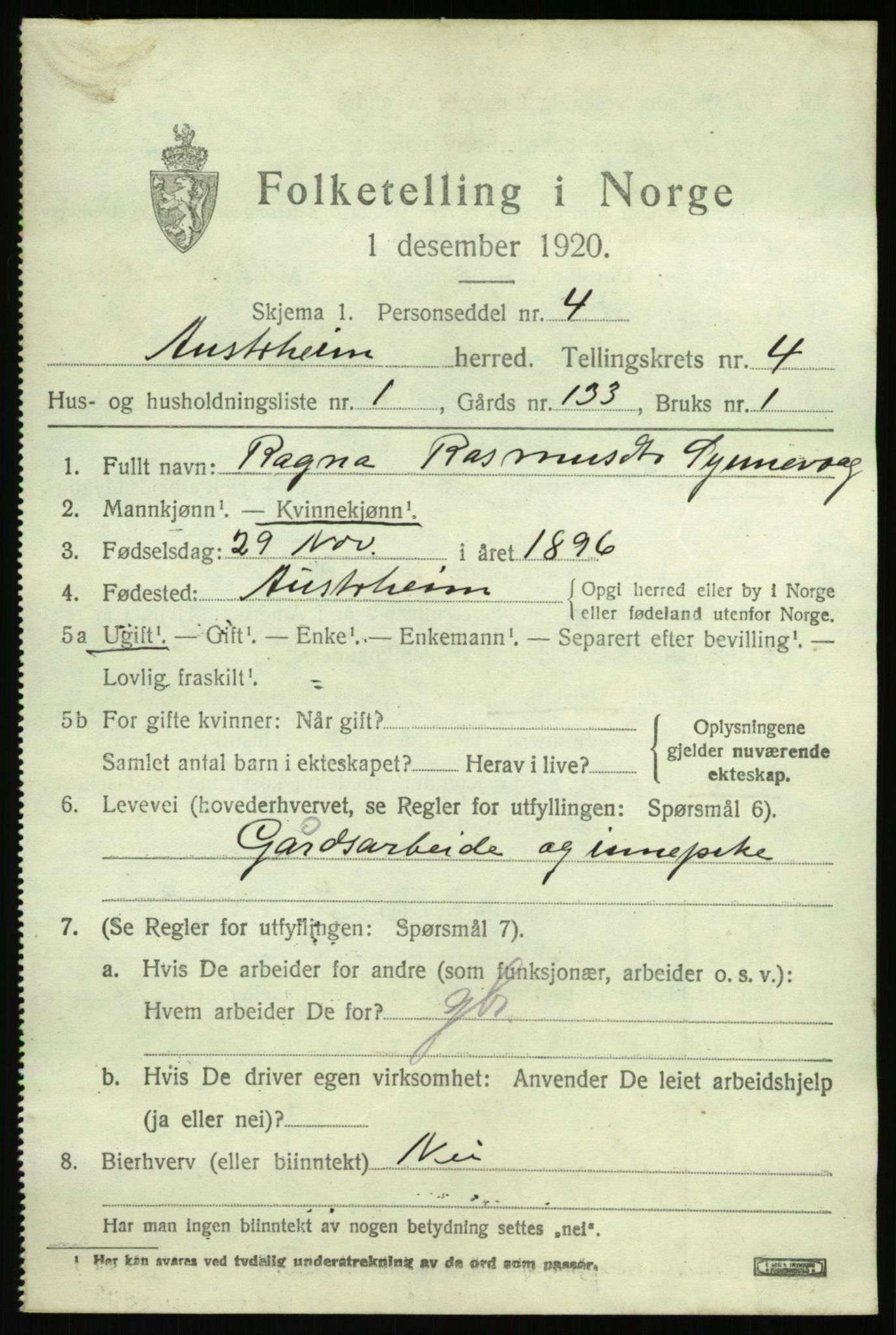 SAB, 1920 census for Austrheim, 1920, p. 1776