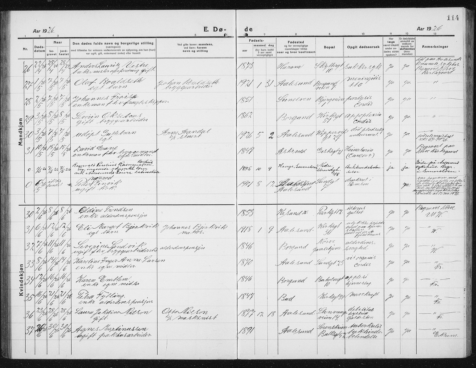 Ministerialprotokoller, klokkerbøker og fødselsregistre - Møre og Romsdal, AV/SAT-A-1454/529/L0474: Parish register (copy) no. 529C11, 1918-1938, p. 114