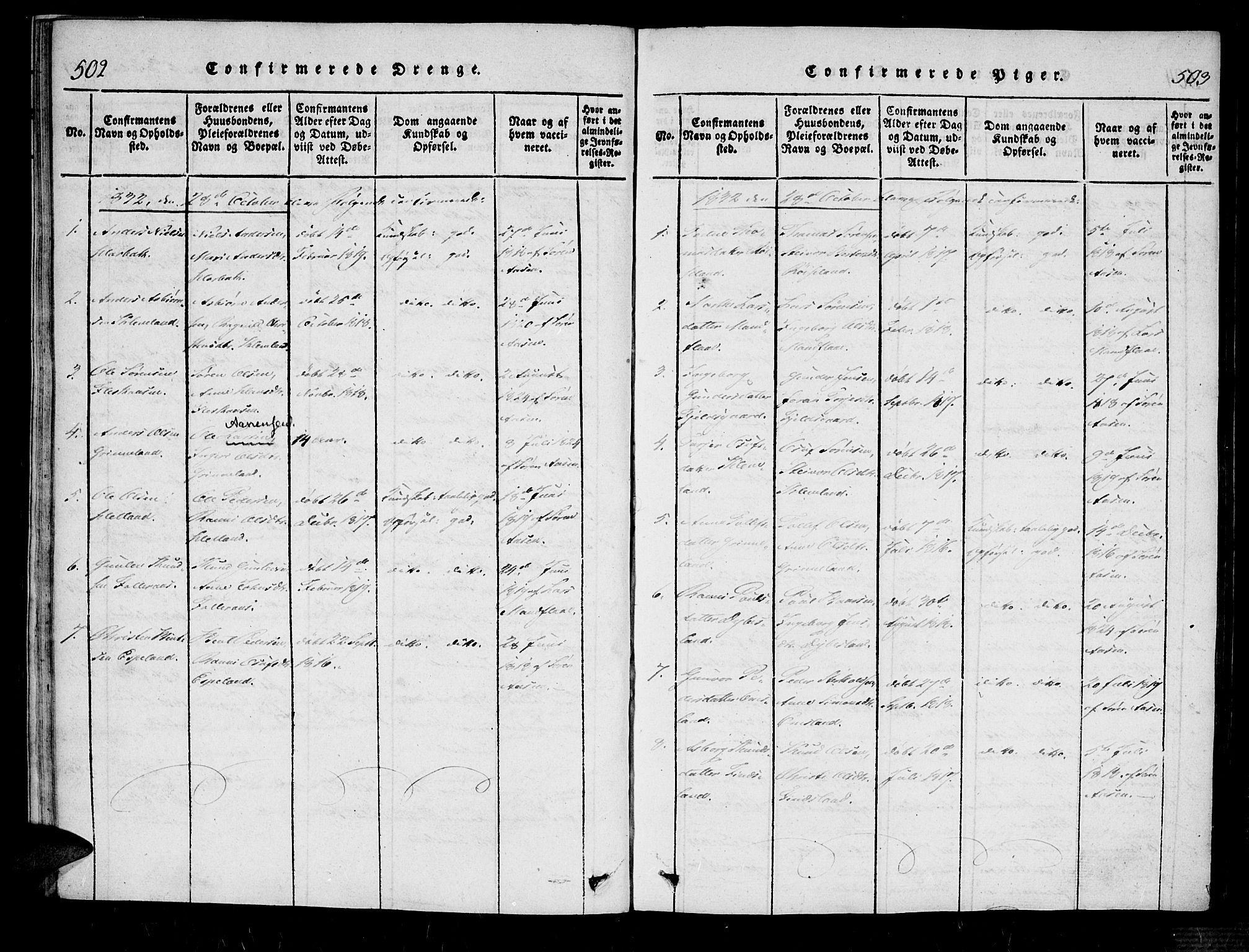 Bjelland sokneprestkontor, SAK/1111-0005/F/Fa/Fab/L0002: Parish register (official) no. A 2, 1816-1869, p. 502-503