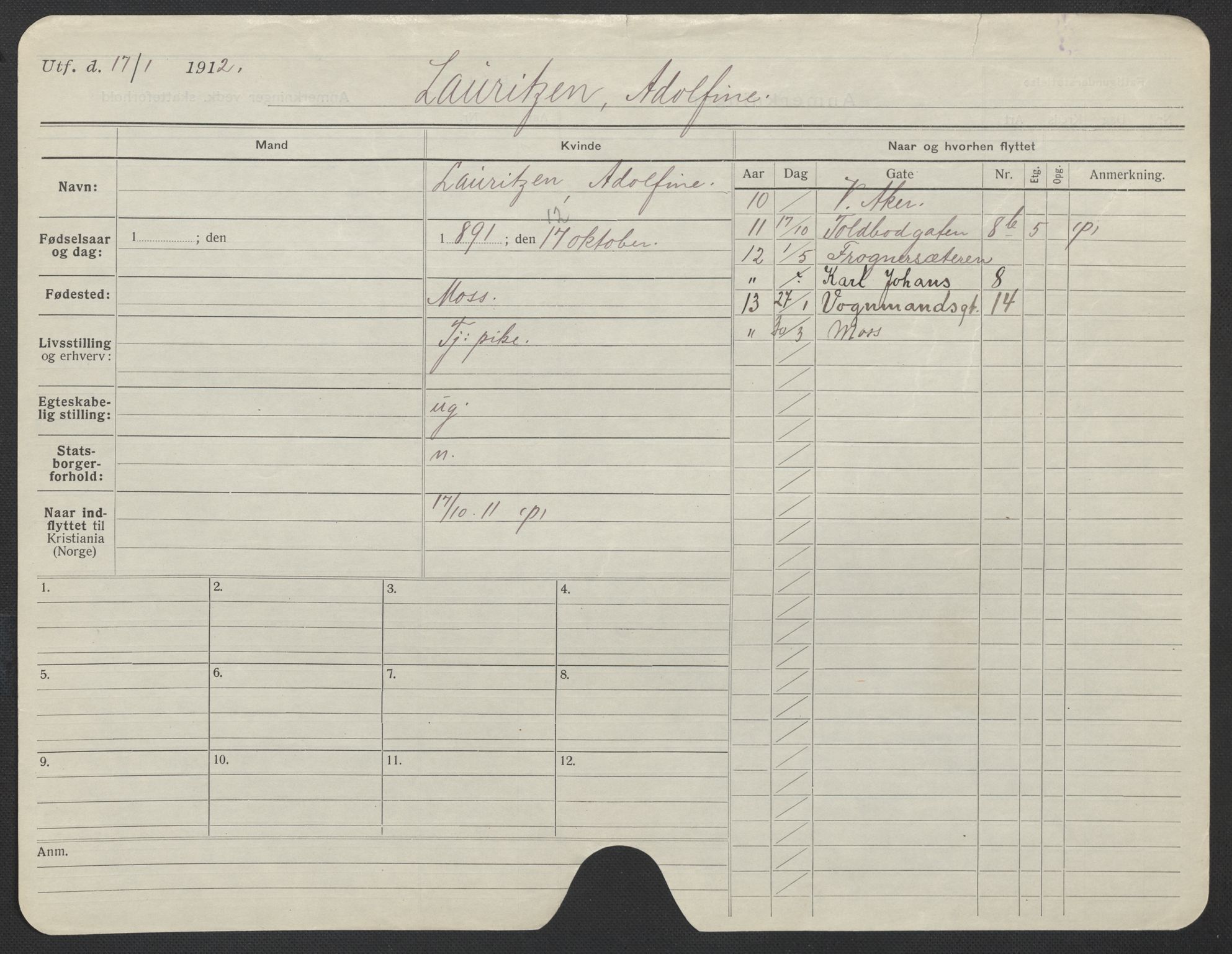 Oslo folkeregister, Registerkort, AV/SAO-A-11715/F/Fa/Fac/L0019: Kvinner, 1906-1914, p. 1179a