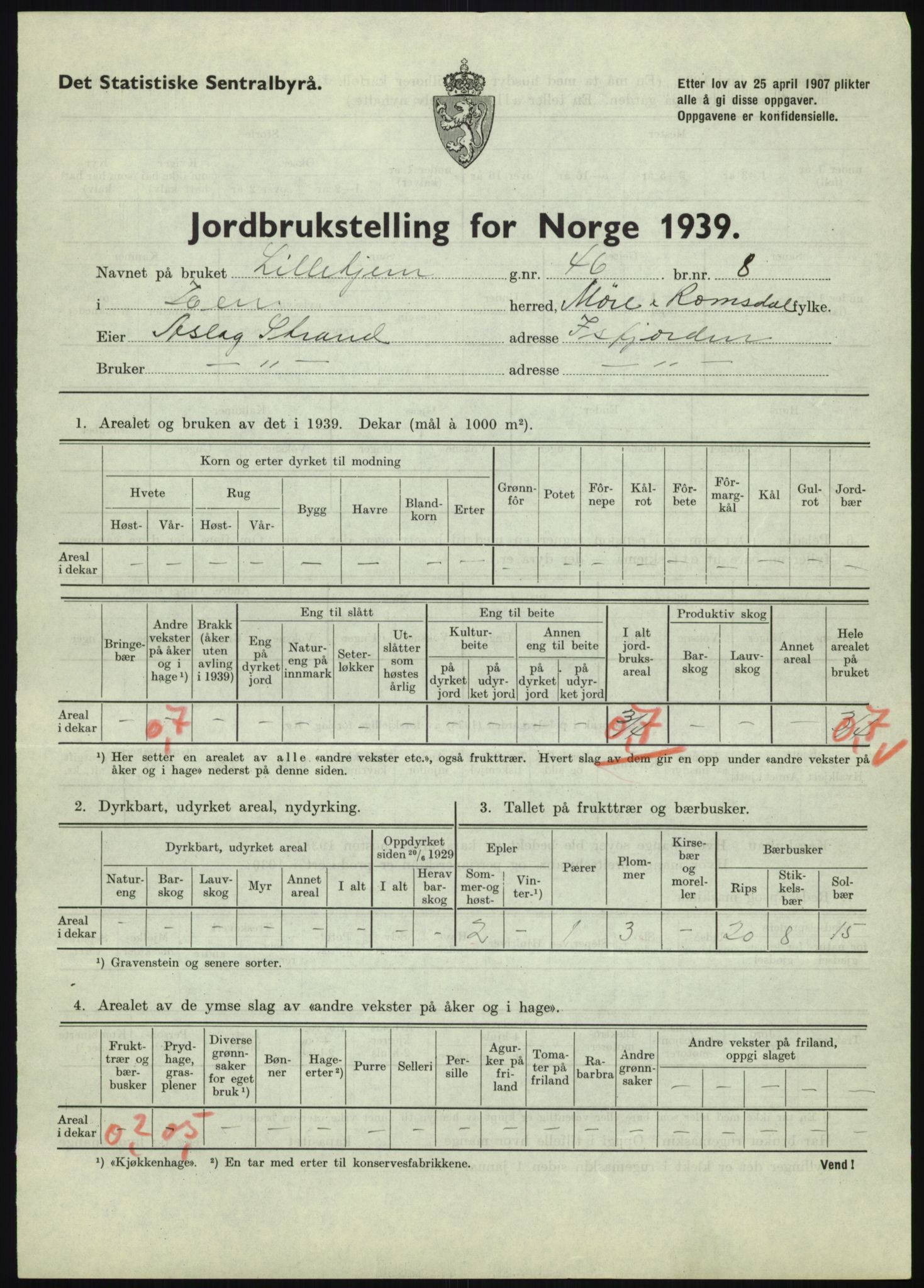 Statistisk sentralbyrå, Næringsøkonomiske emner, Jordbruk, skogbruk, jakt, fiske og fangst, AV/RA-S-2234/G/Gb/L0251: Møre og Romsdal: Voll, Eid, Grytten og Hen, 1939, p. 1041