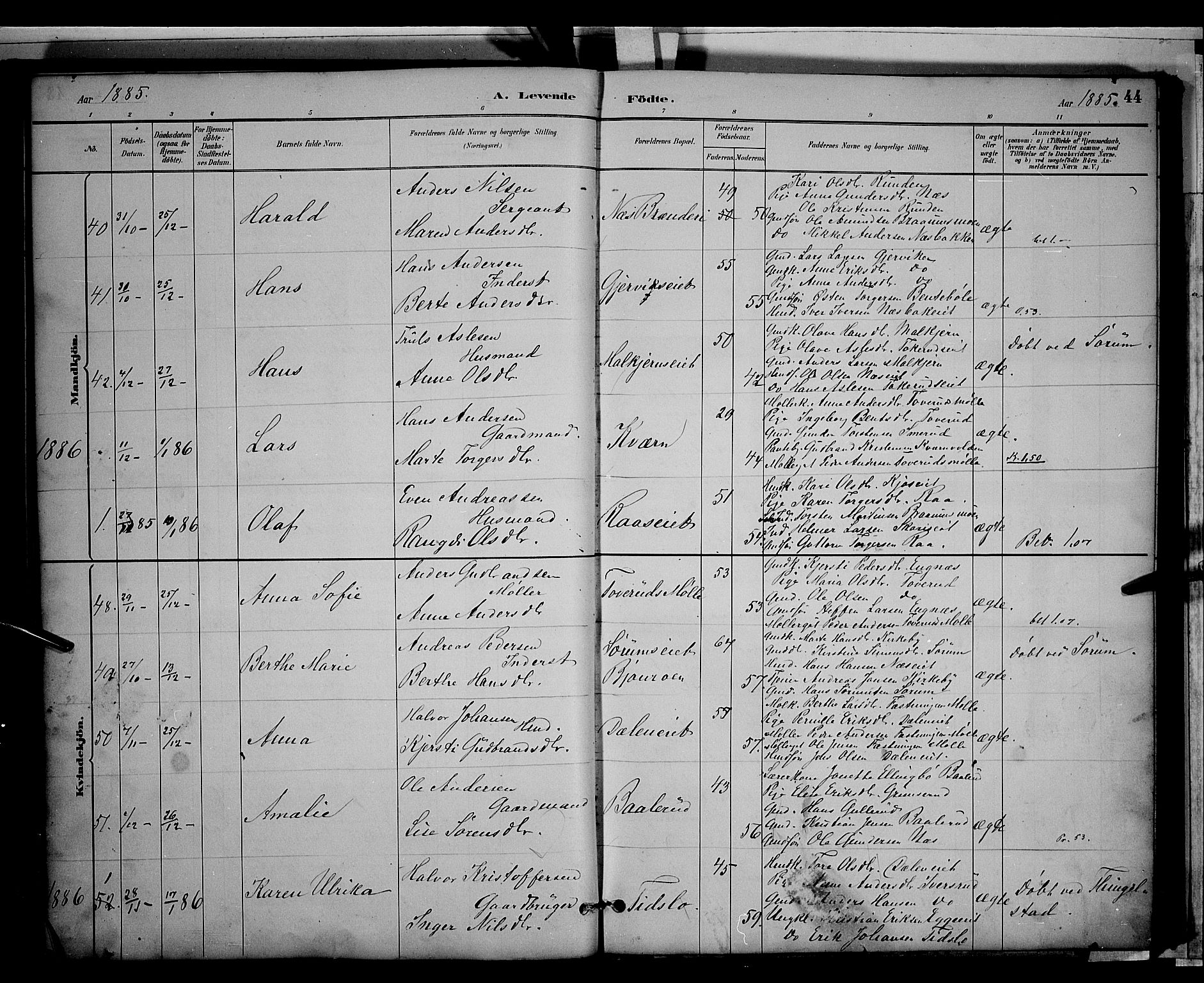 Gran prestekontor, SAH/PREST-112/H/Ha/Hab/L0003: Parish register (copy) no. 3, 1882-1890, p. 44