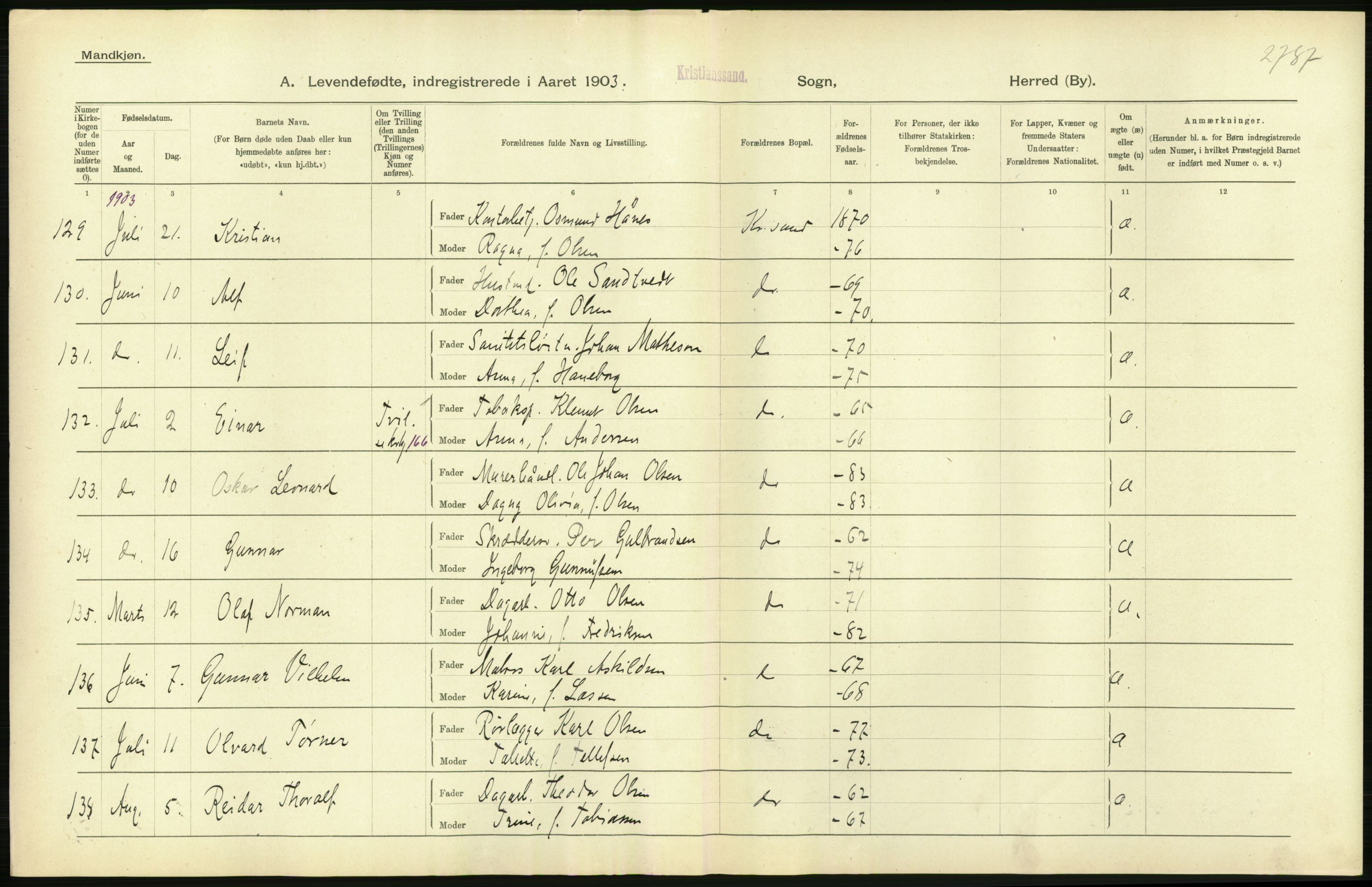 Statistisk sentralbyrå, Sosiodemografiske emner, Befolkning, AV/RA-S-2228/D/Df/Dfa/Dfaa/L0011: Lister og Mandal amt: Fødte, gifte, døde, 1903, p. 246