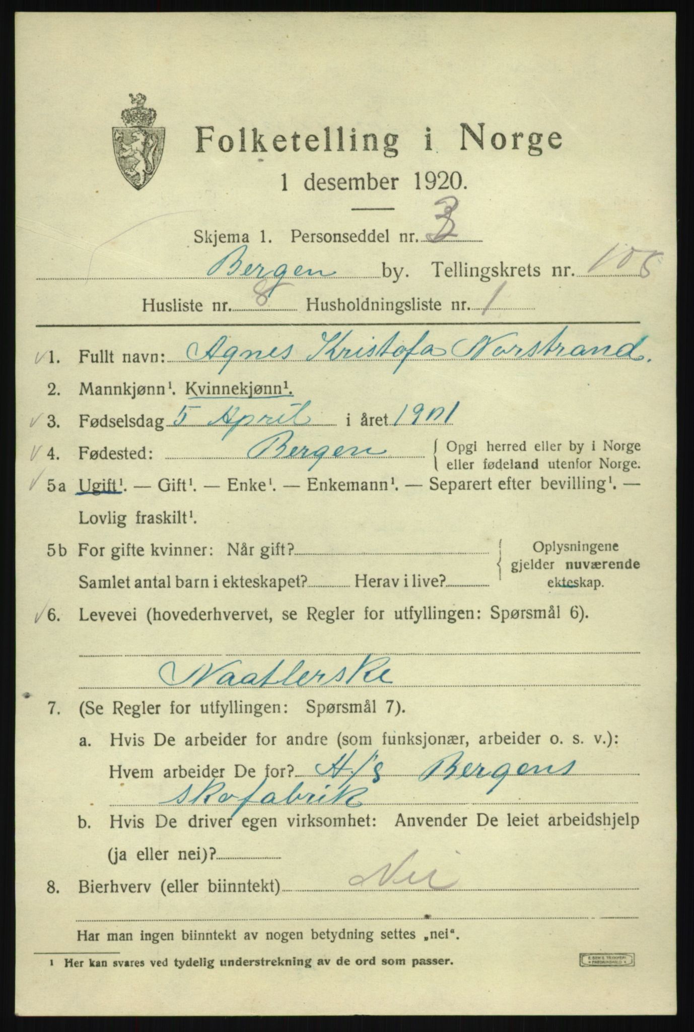 SAB, 1920 census for Bergen, 1920, p. 187767