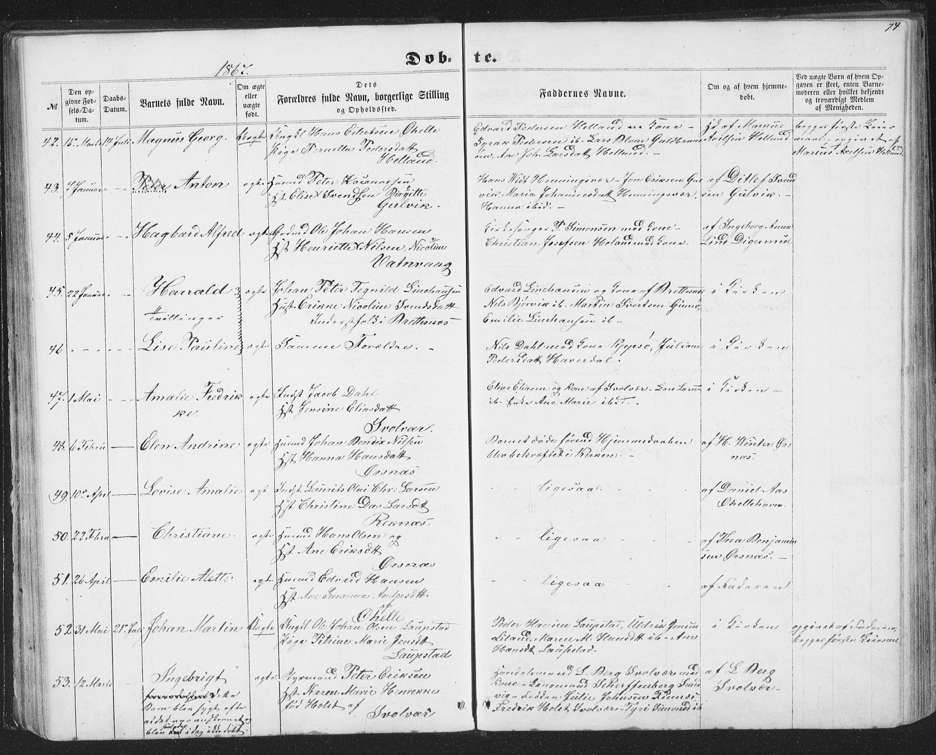 Ministerialprotokoller, klokkerbøker og fødselsregistre - Nordland, AV/SAT-A-1459/874/L1073: Parish register (copy) no. 874C02, 1860-1870, p. 74