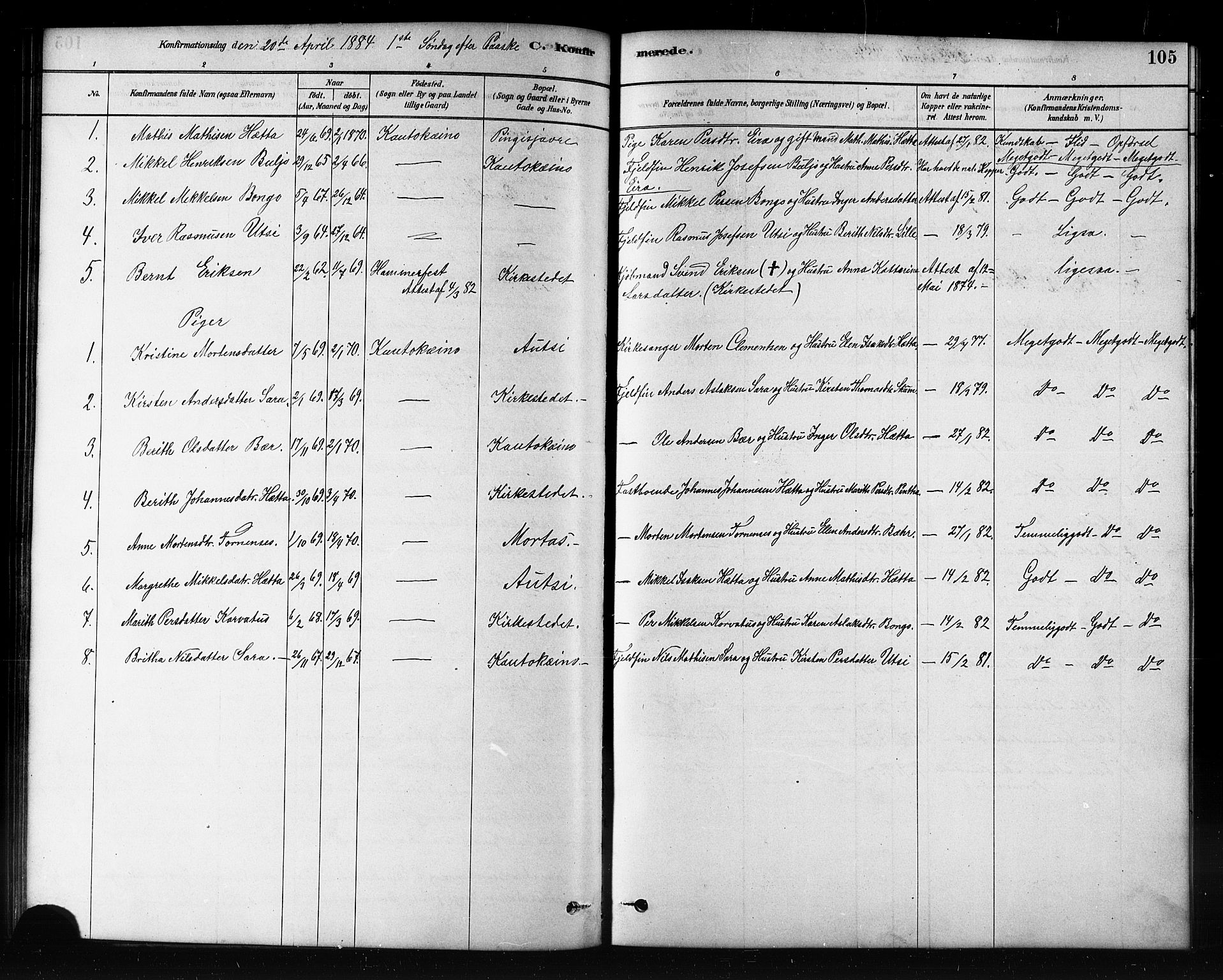 Kautokeino sokneprestembete, SATØ/S-1340/H/Hb/L0002.klokk: Parish register (copy) no. 2, 1877-1896, p. 105