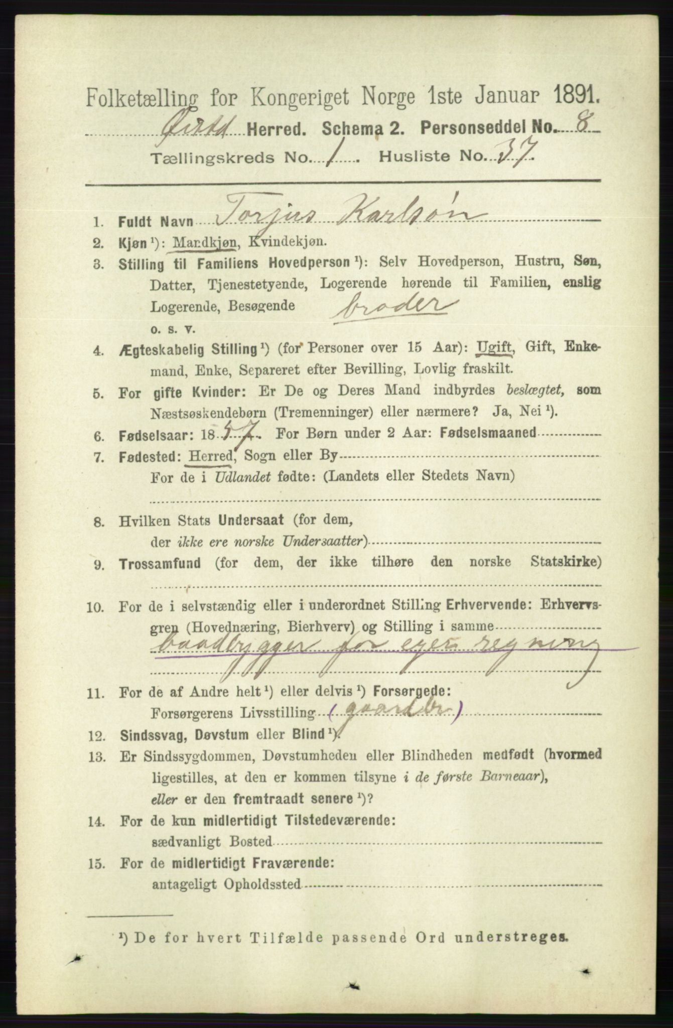 RA, 1891 census for 0920 Øyestad, 1891, p. 288