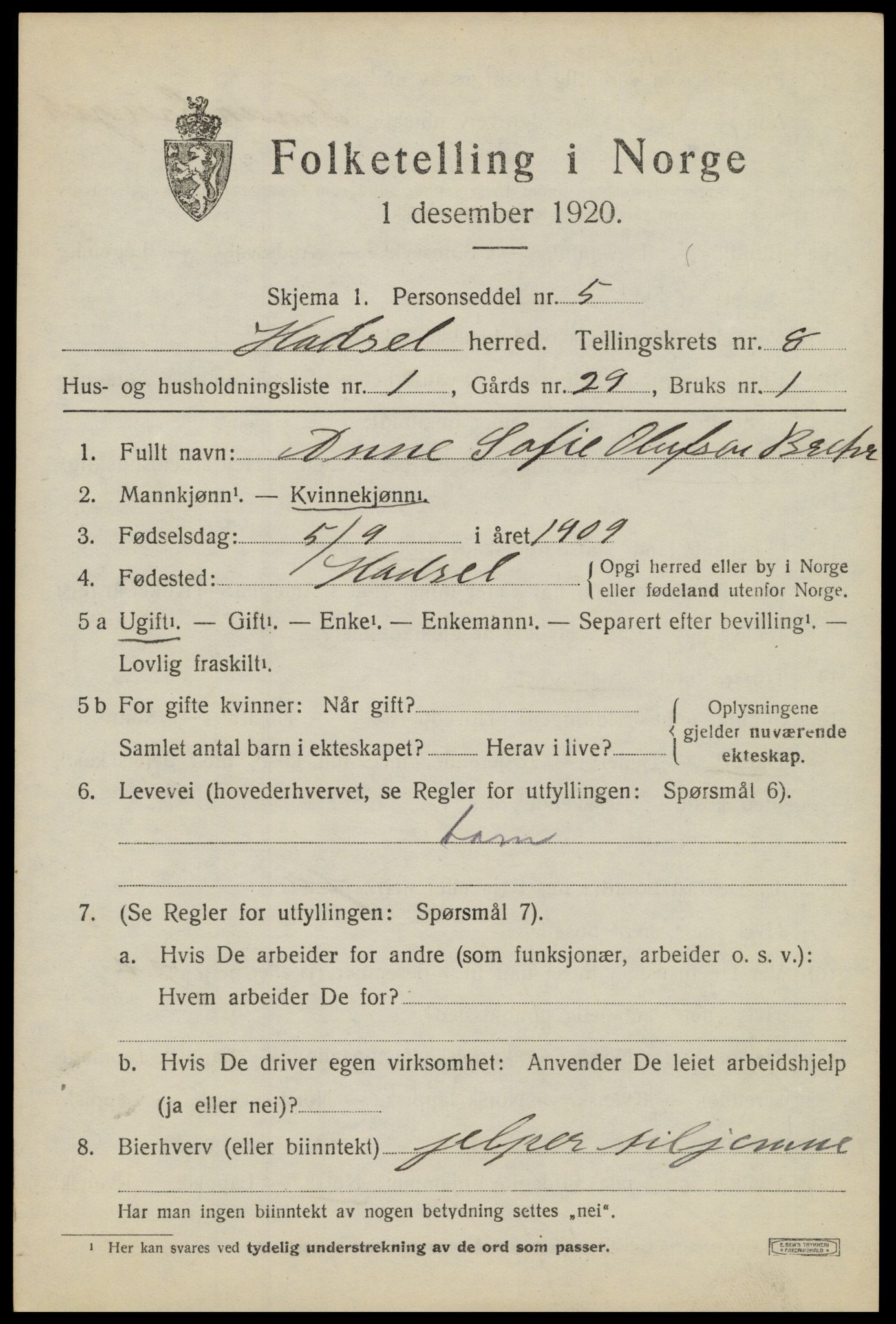 SAT, 1920 census for Hadsel, 1920, p. 7402