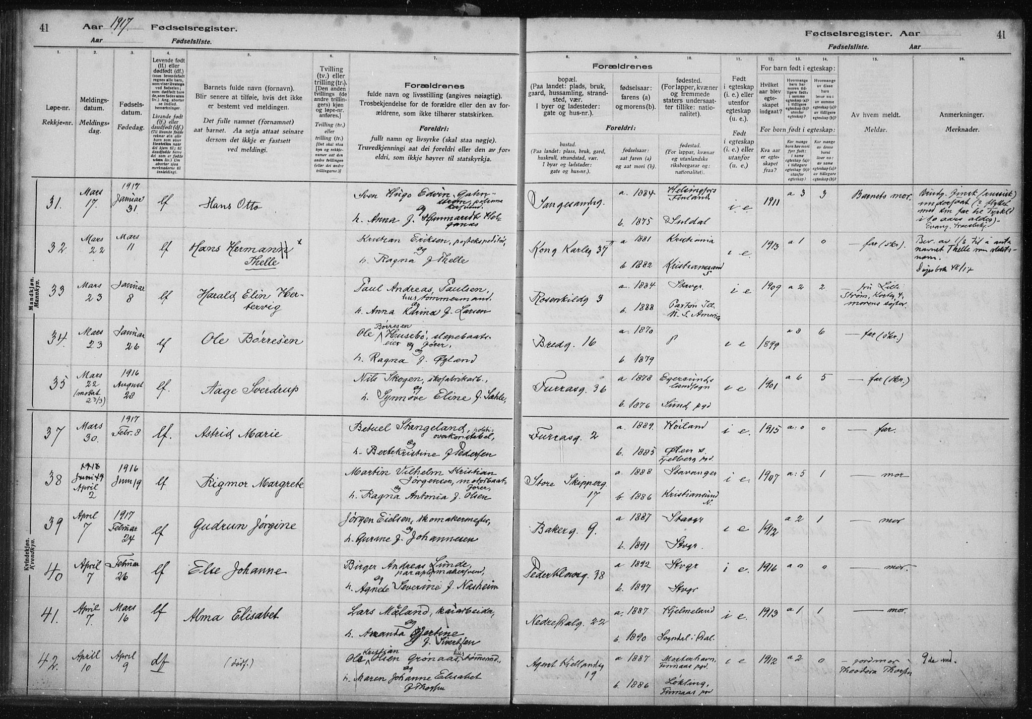 St. Petri sokneprestkontor, AV/SAST-A-101813/002/A/L0001: Birth register no. 1, 1916-1922, p. 41