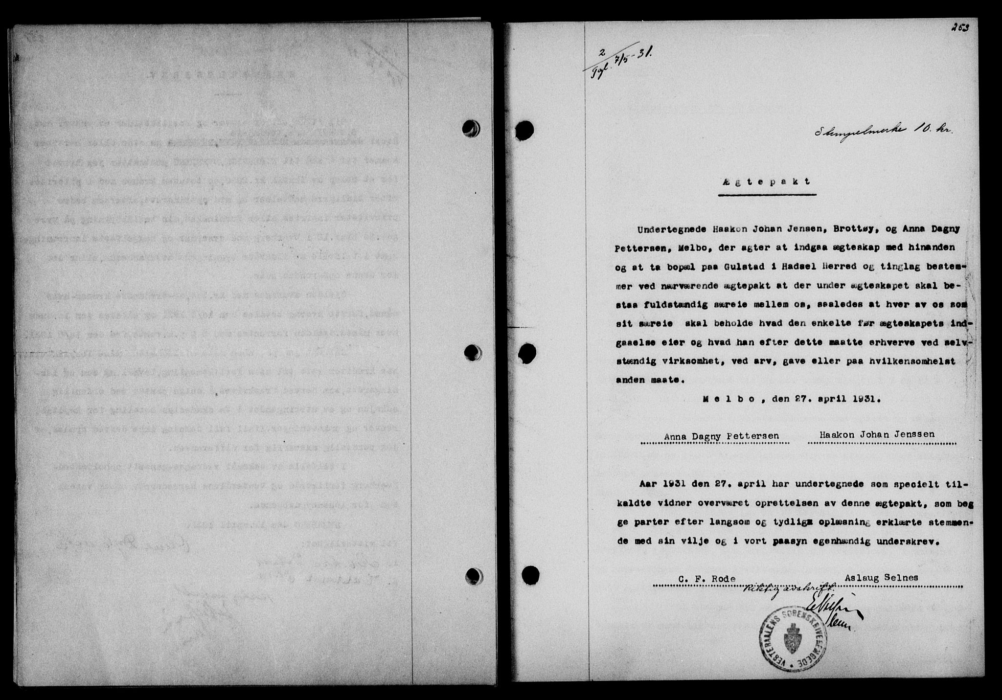 Vesterålen sorenskriveri, SAT/A-4180/1/2/2Ca/L0053: Mortgage book no. 46, 1931-1931, Deed date: 07.05.1931