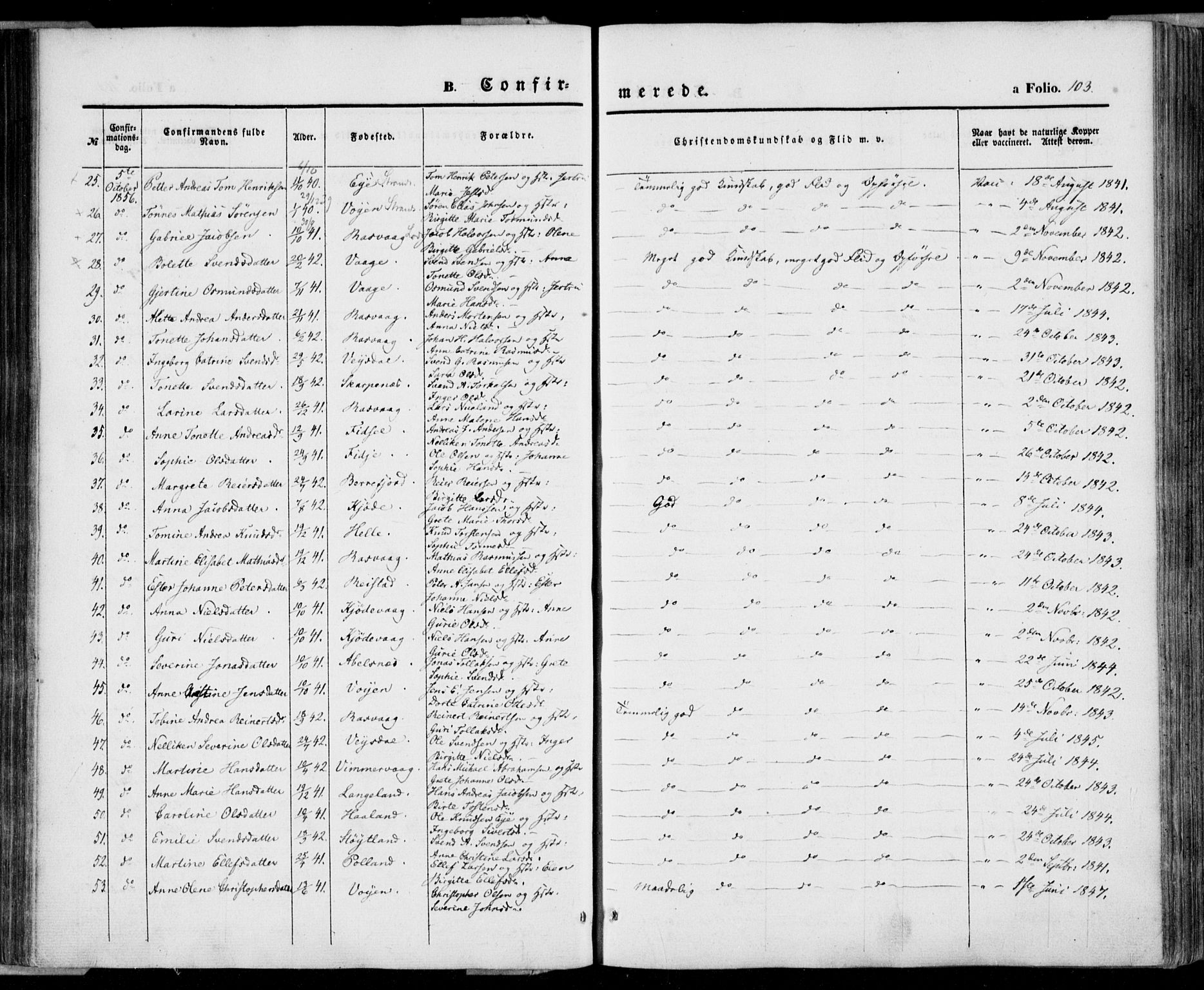 Flekkefjord sokneprestkontor, SAK/1111-0012/F/Fa/Fab/L0004: Parish register (official) no. A 4, 1850-1875, p. 103