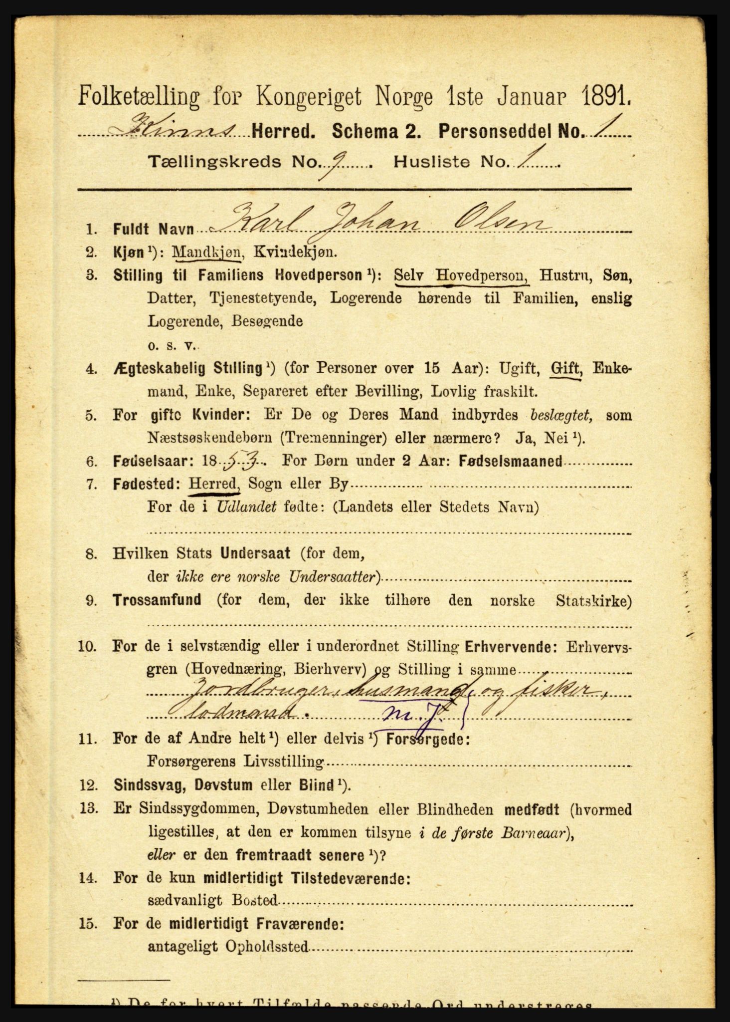 RA, 1891 census for 1437 Kinn, 1891, p. 3458