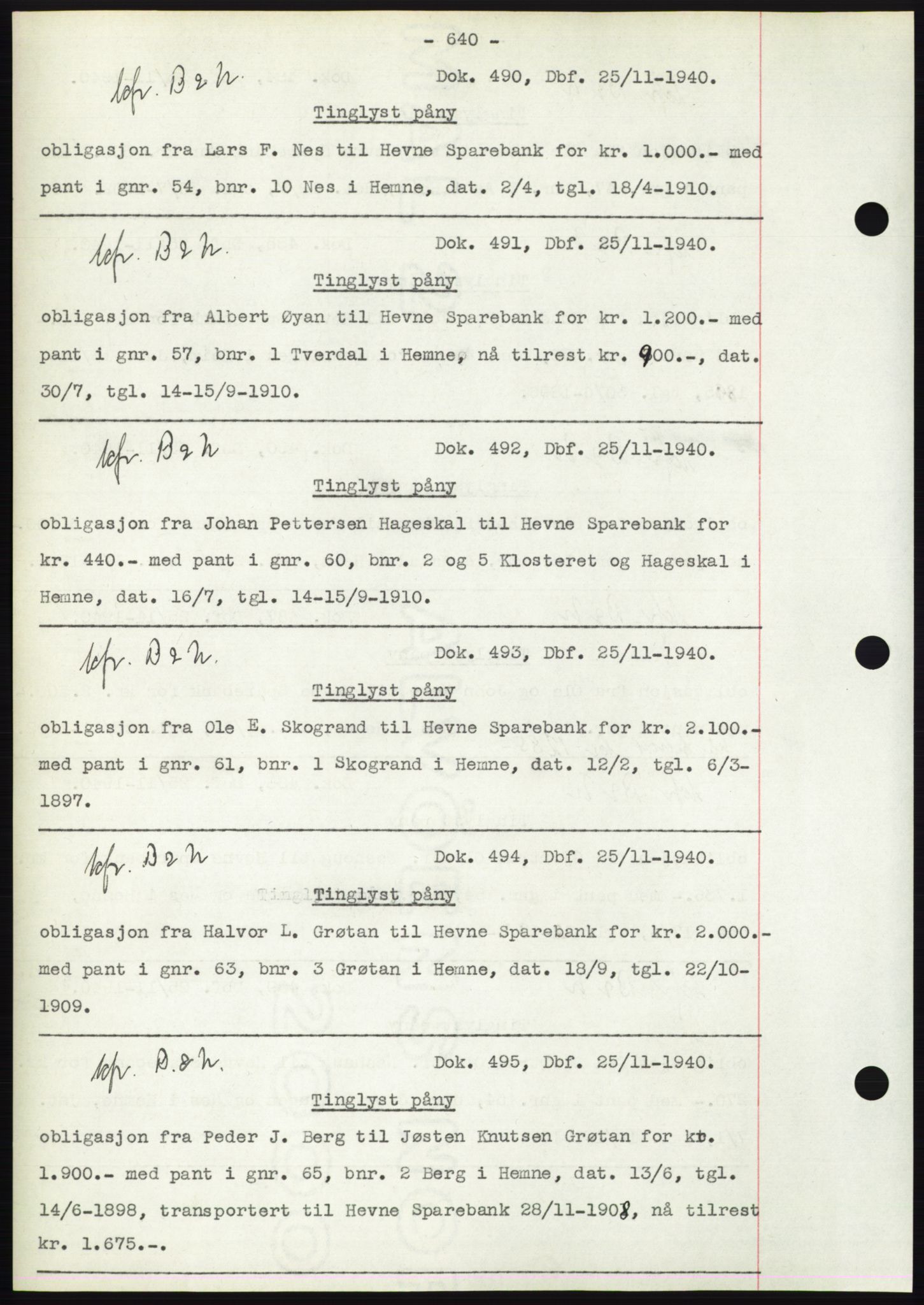 Hitra sorenskriveri, AV/SAT-A-0018/2/2C/2Ca: Mortgage book no. C1, 1936-1945, Diary no: : 490/1940