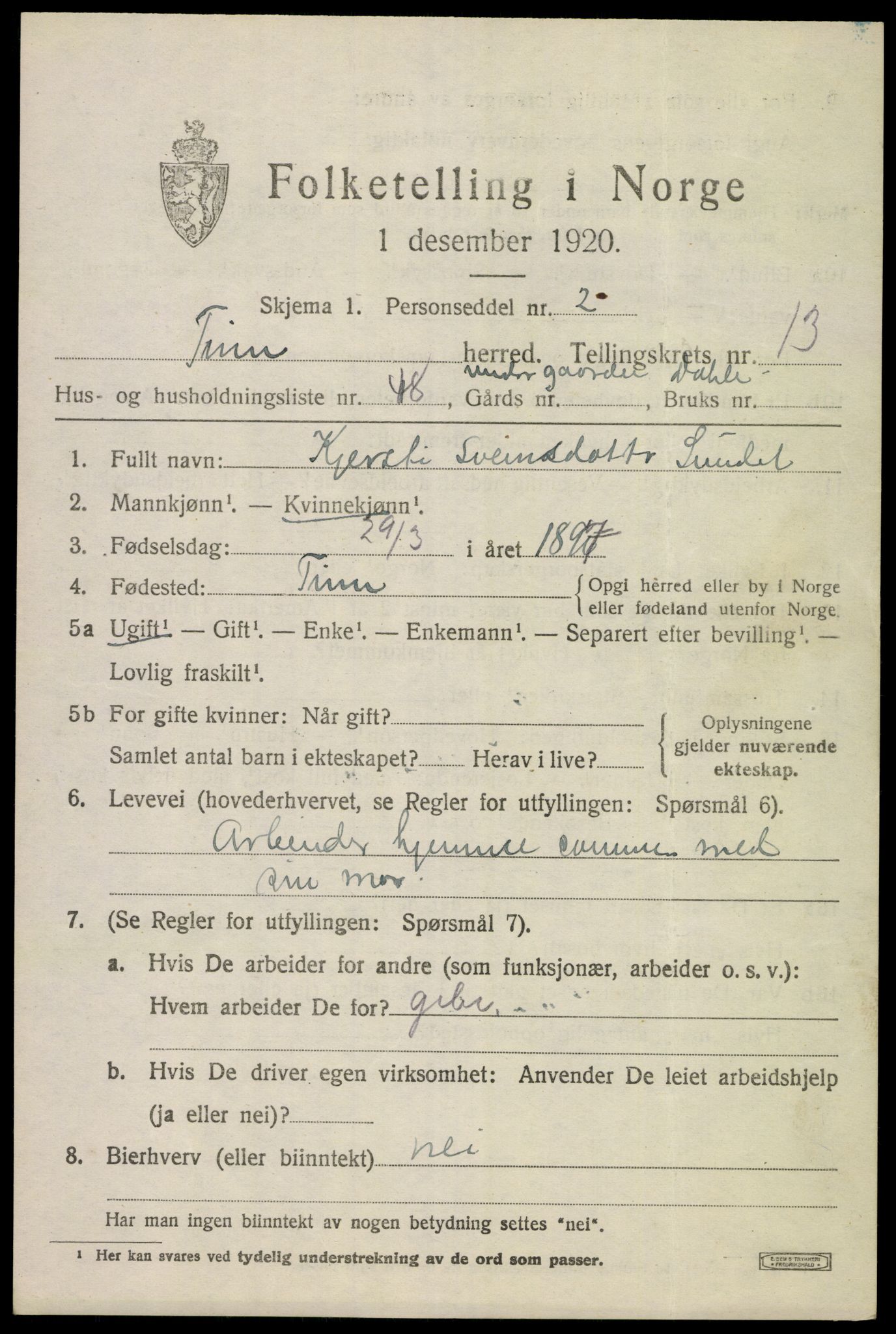 SAKO, 1920 census for Tinn, 1920, p. 8662