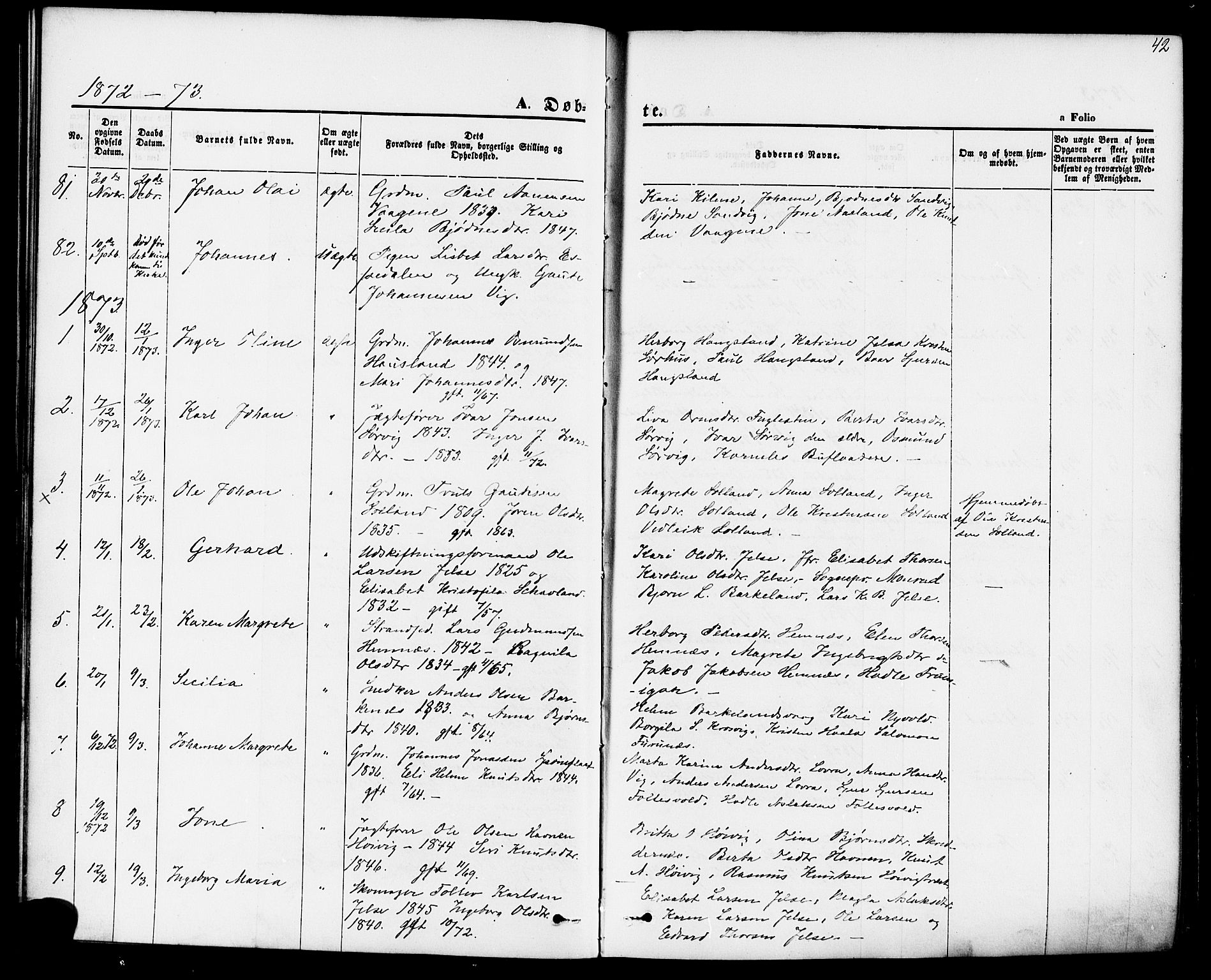 Jelsa sokneprestkontor, SAST/A-101842/01/IV: Parish register (official) no. A 8, 1867-1883, p. 42