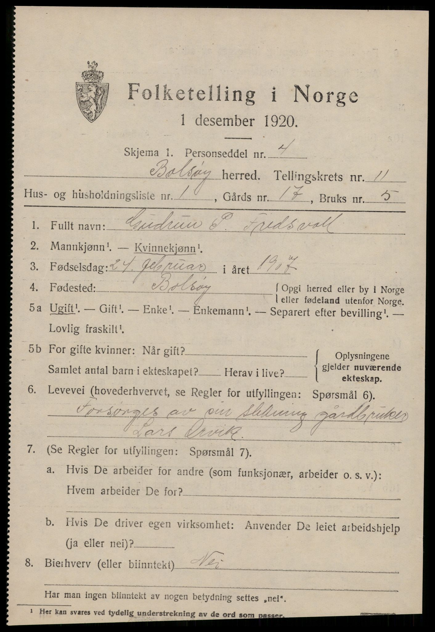 SAT, 1920 census for Bolsøy, 1920, p. 11277