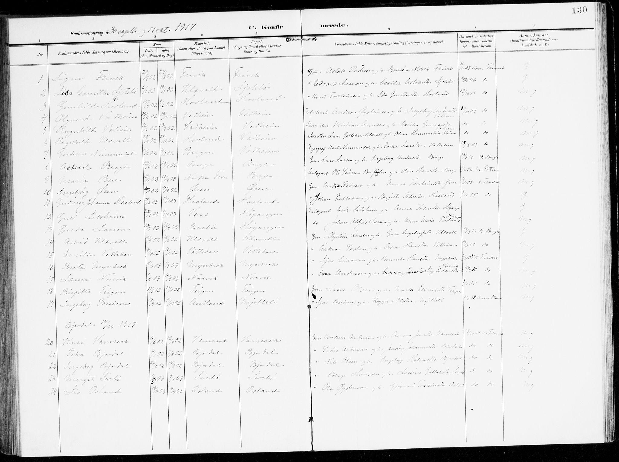 Lavik sokneprestembete, AV/SAB-A-80901: Parish register (official) no. C 2, 1904-1921, p. 130