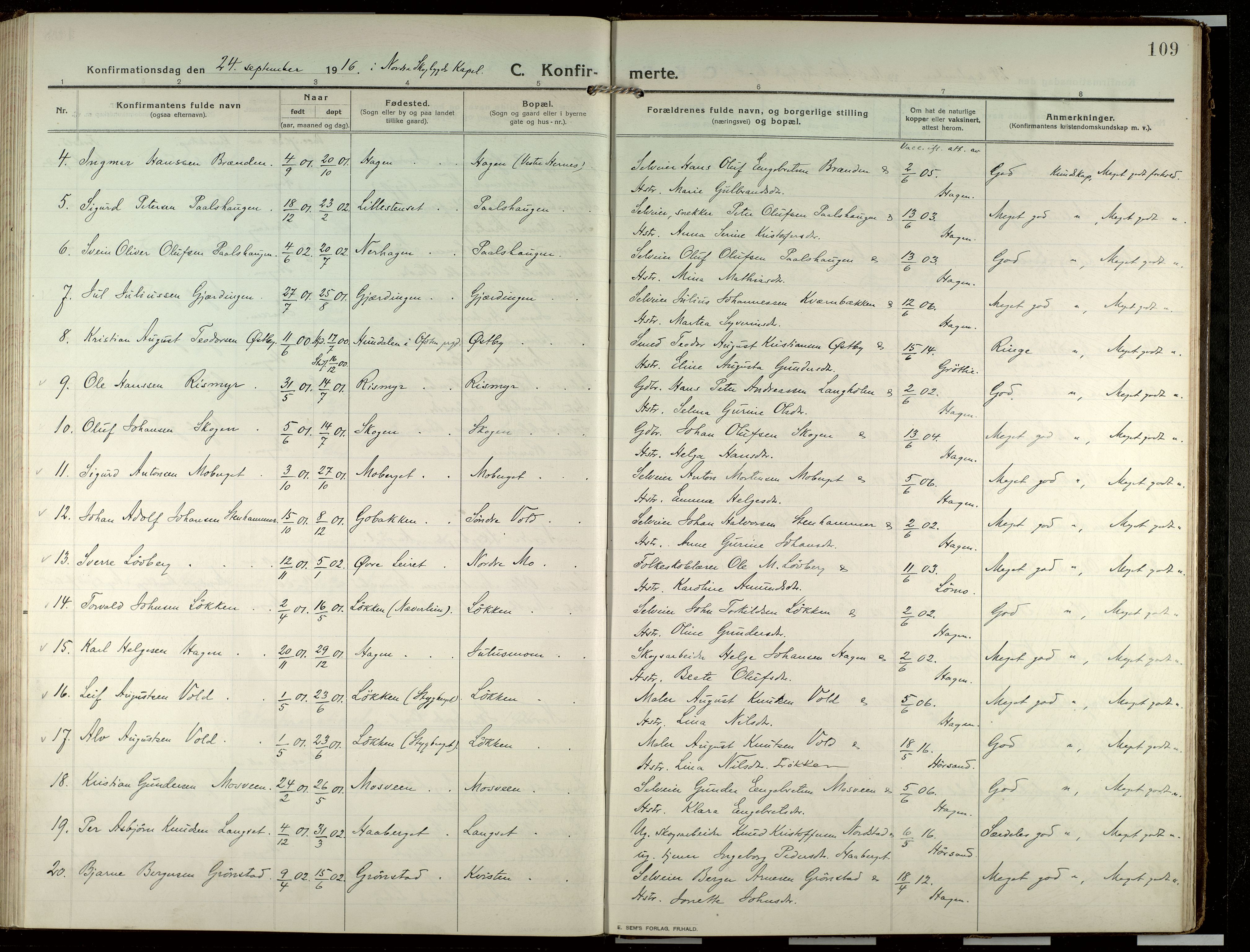 Elverum prestekontor, SAH/PREST-044/H/Ha/Haa/L0022: Parish register (official) no. 22, 1913-1924, p. 109