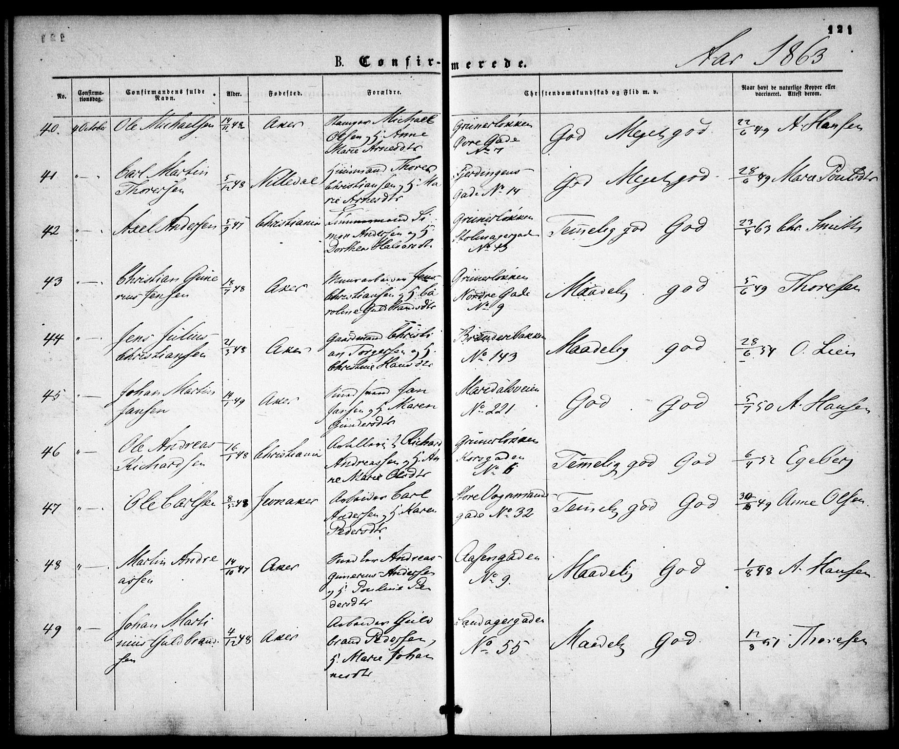 Gamle Aker prestekontor Kirkebøker, AV/SAO-A-10617a/F/L0001: Parish register (official) no. 1, 1861-1865, p. 121