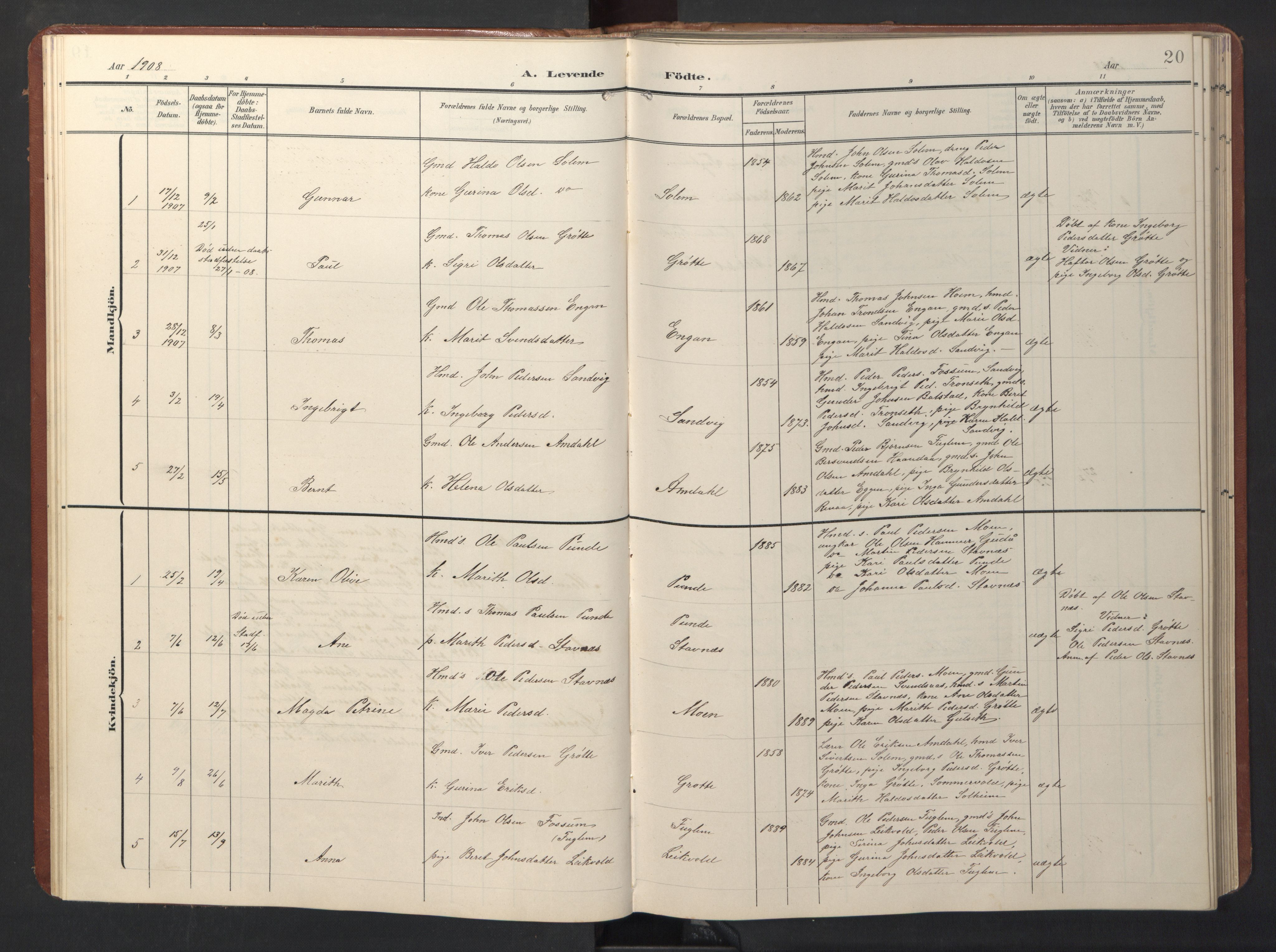Ministerialprotokoller, klokkerbøker og fødselsregistre - Sør-Trøndelag, SAT/A-1456/696/L1161: Parish register (copy) no. 696C01, 1902-1950, p. 20