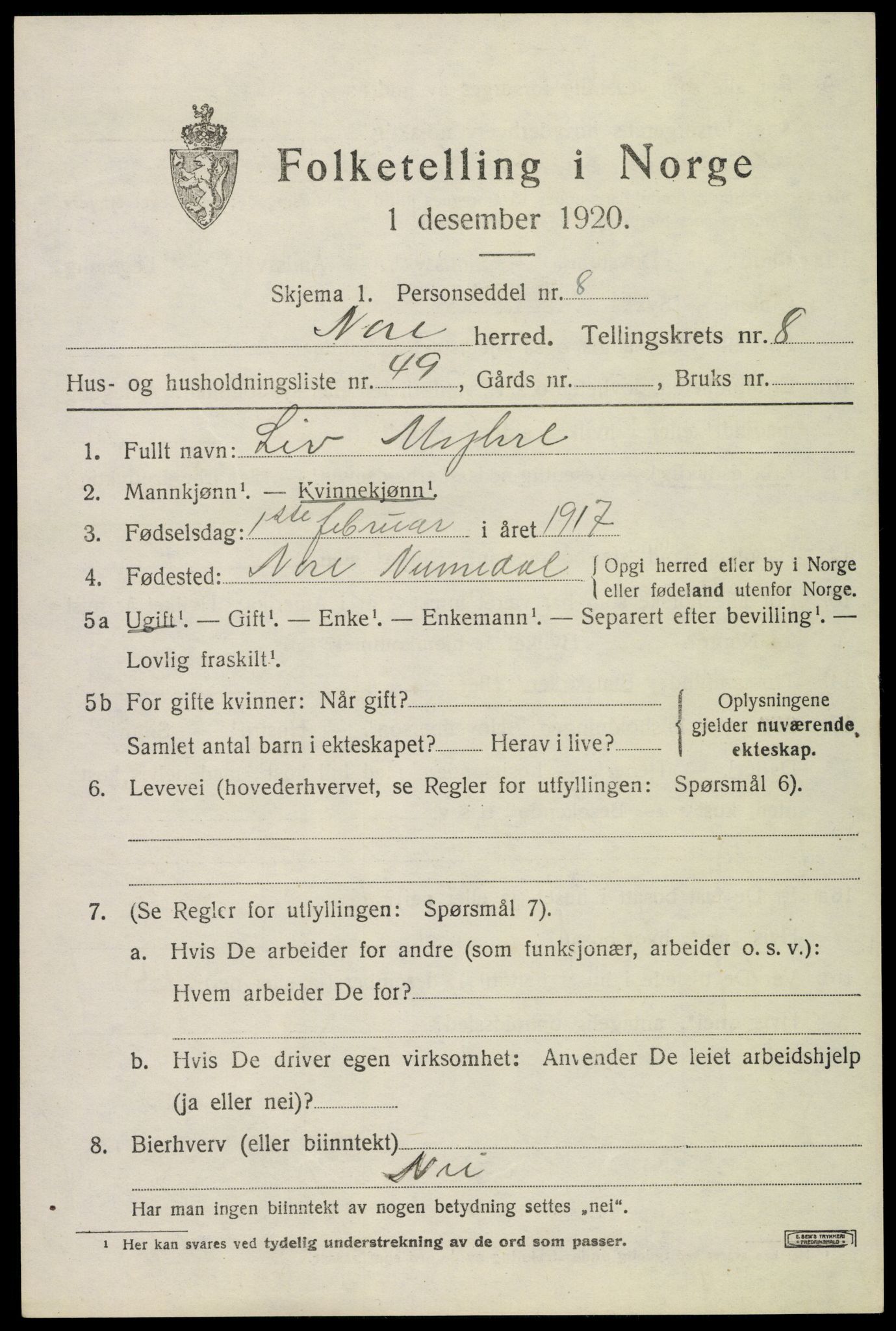 SAKO, 1920 census for Nore, 1920, p. 4766