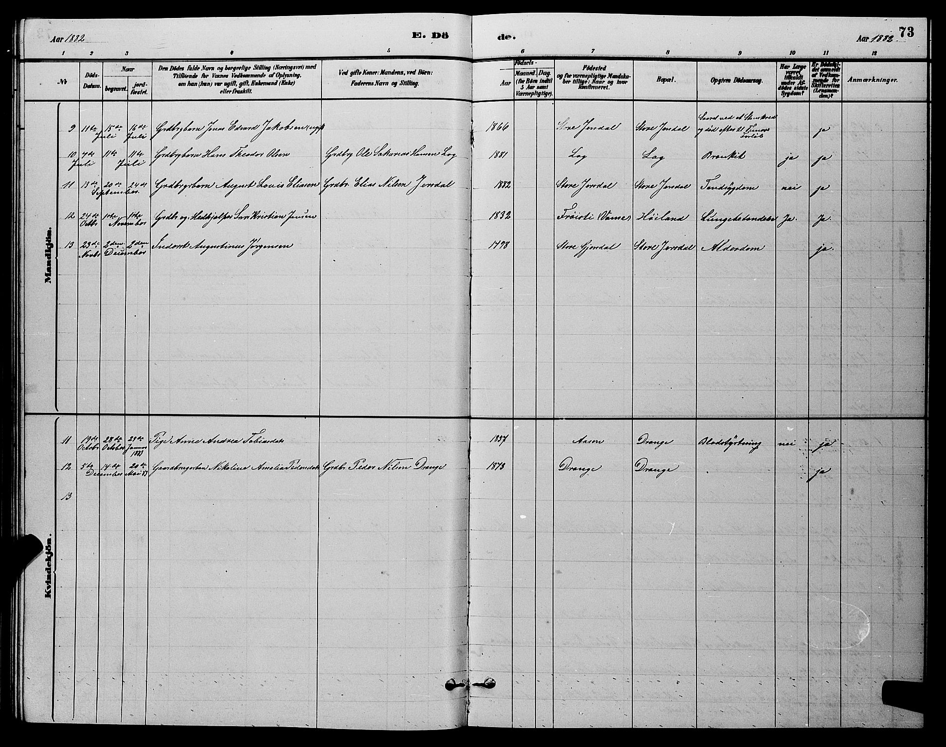 Herad sokneprestkontor, AV/SAK-1111-0018/F/Fb/Fba/L0004: Parish register (copy) no. B 4, 1882-1899, p. 73