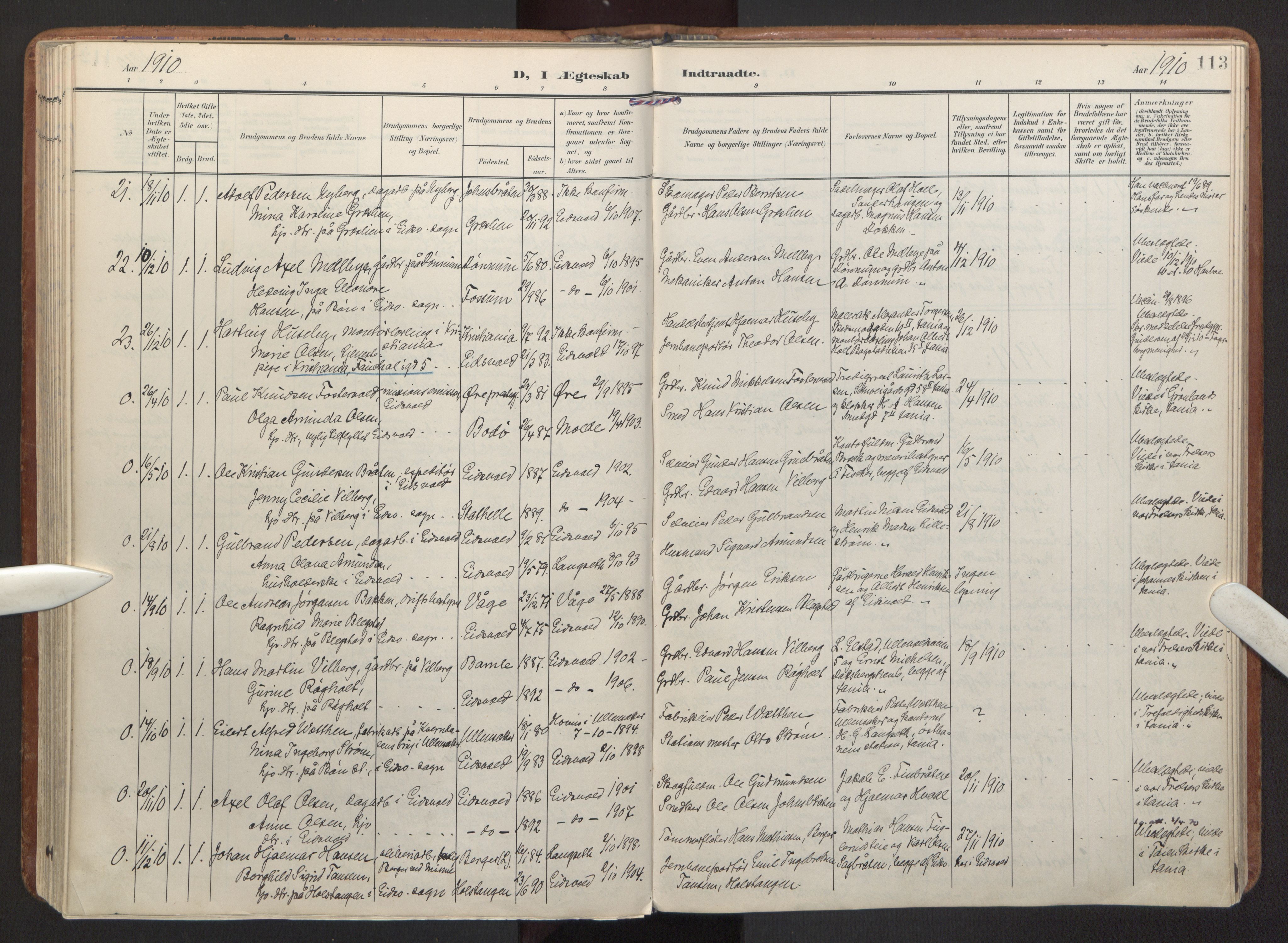Eidsvoll prestekontor Kirkebøker, SAO/A-10888/F/Fa: Parish register (official) no. I 7, 1905-1920, p. 113