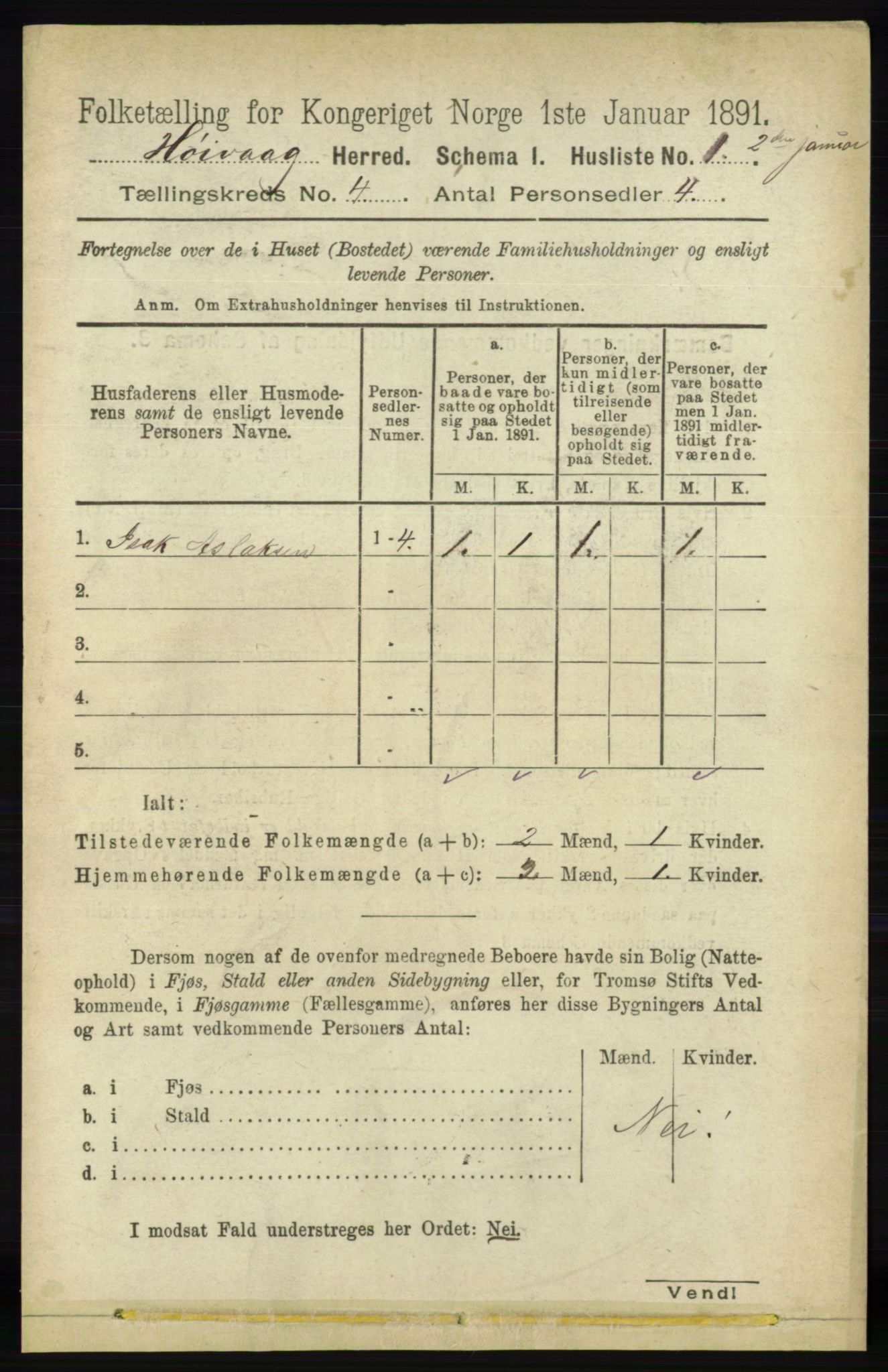 RA, 1891 census for 0927 Høvåg, 1891, p. 1455