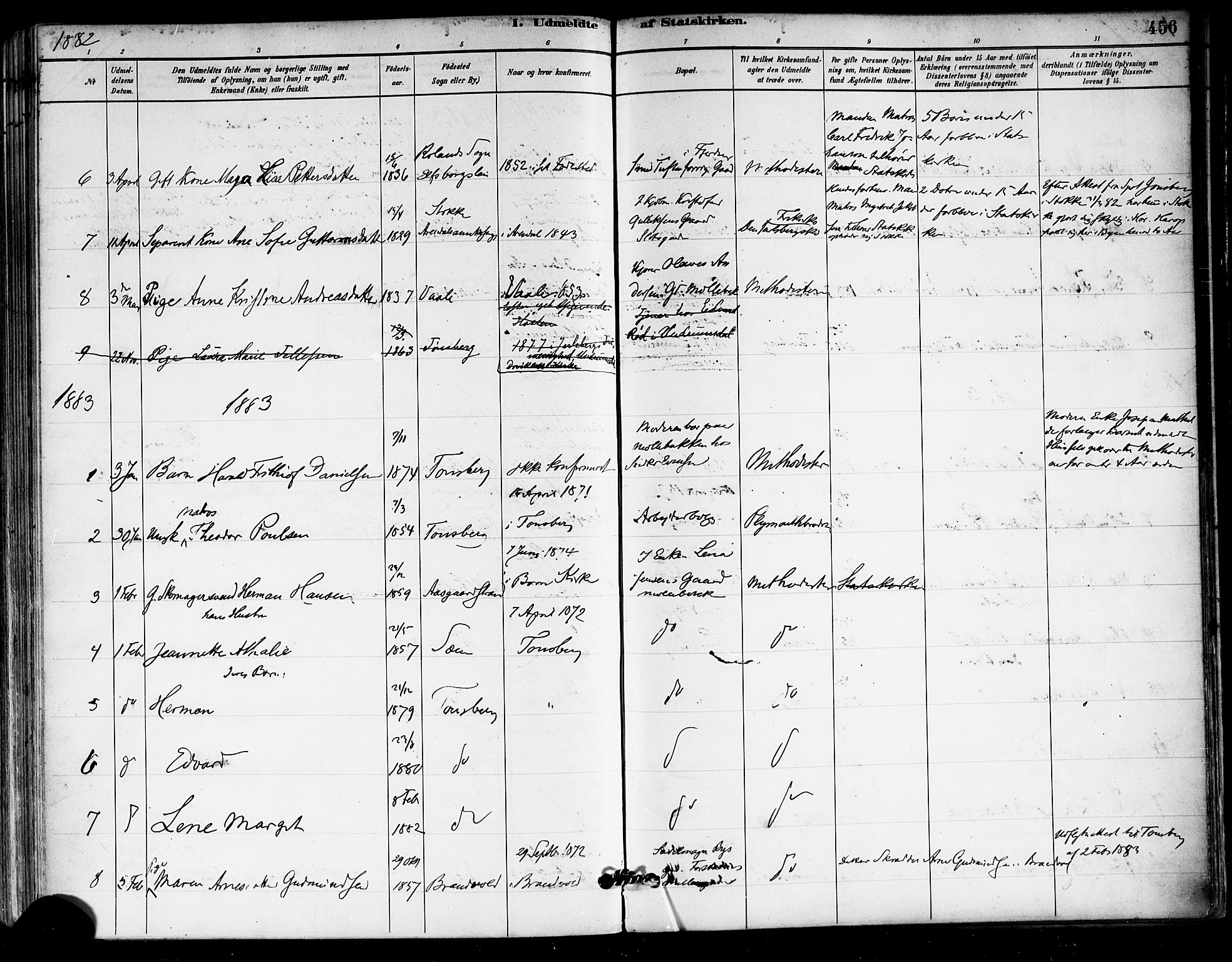 Tønsberg kirkebøker, SAKO/A-330/F/Fa/L0011: Parish register (official) no. I 11, 1881-1890, p. 456