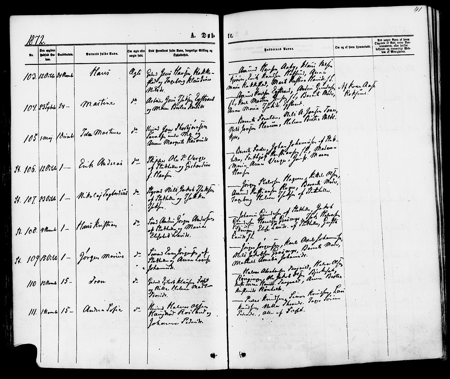 Bamble kirkebøker, SAKO/A-253/F/Fa/L0006: Parish register (official) no. I 6, 1869-1877, p. 41