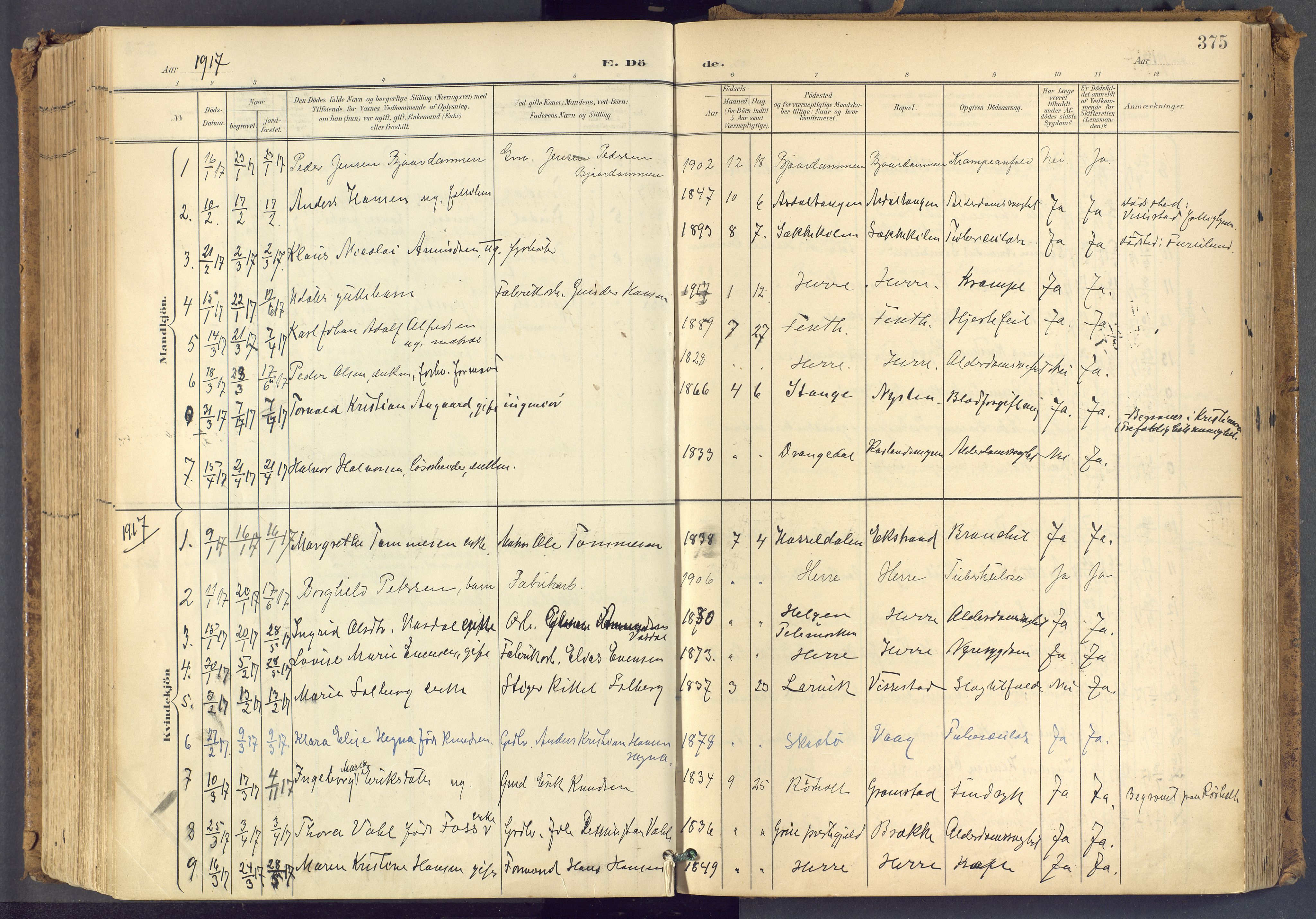 Bamble kirkebøker, SAKO/A-253/F/Fa/L0009: Parish register (official) no. I 9, 1901-1917, p. 375
