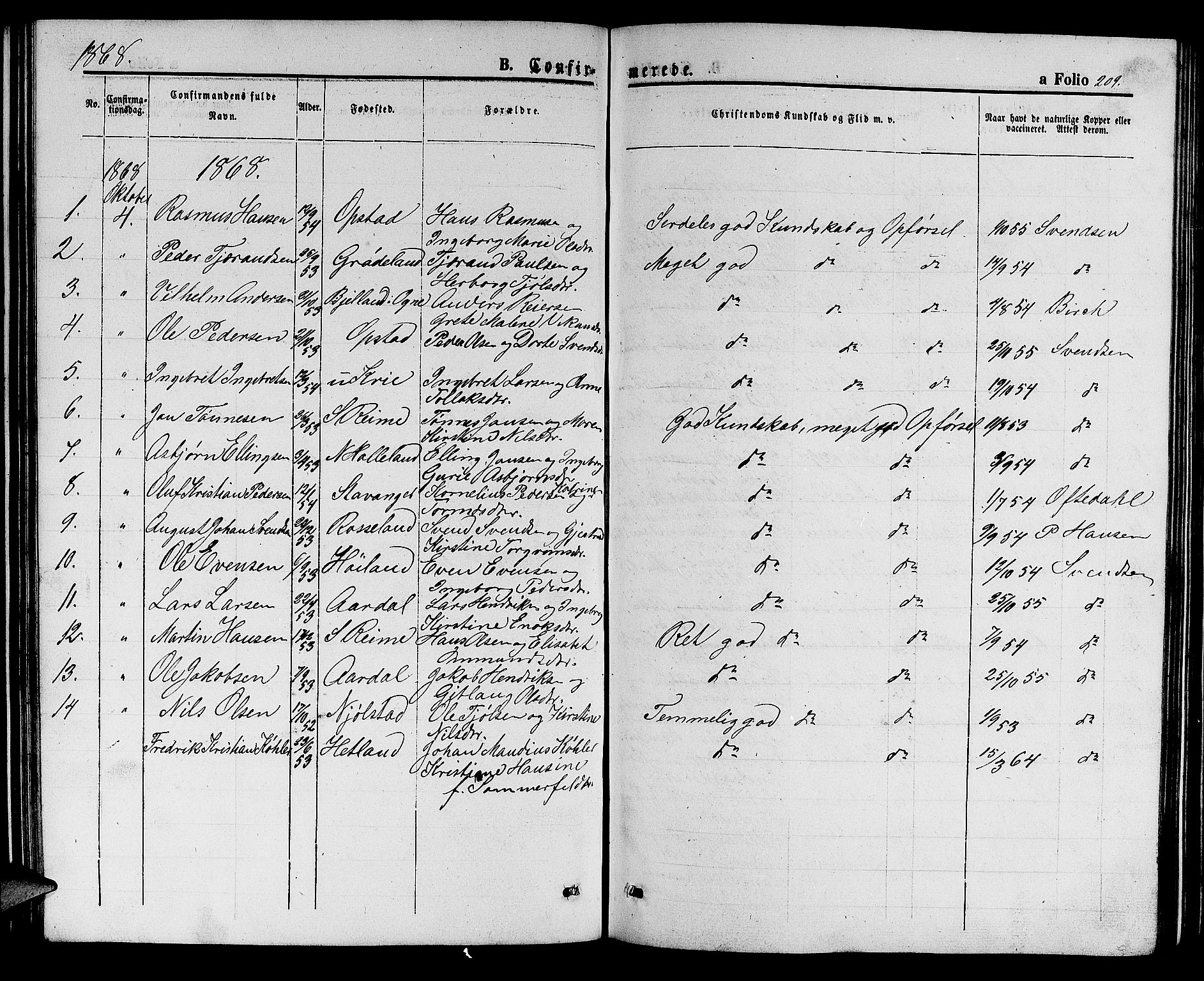 Hå sokneprestkontor, SAST/A-101801/001/30BB/L0001: Parish register (copy) no. B 1, 1854-1883, p. 209