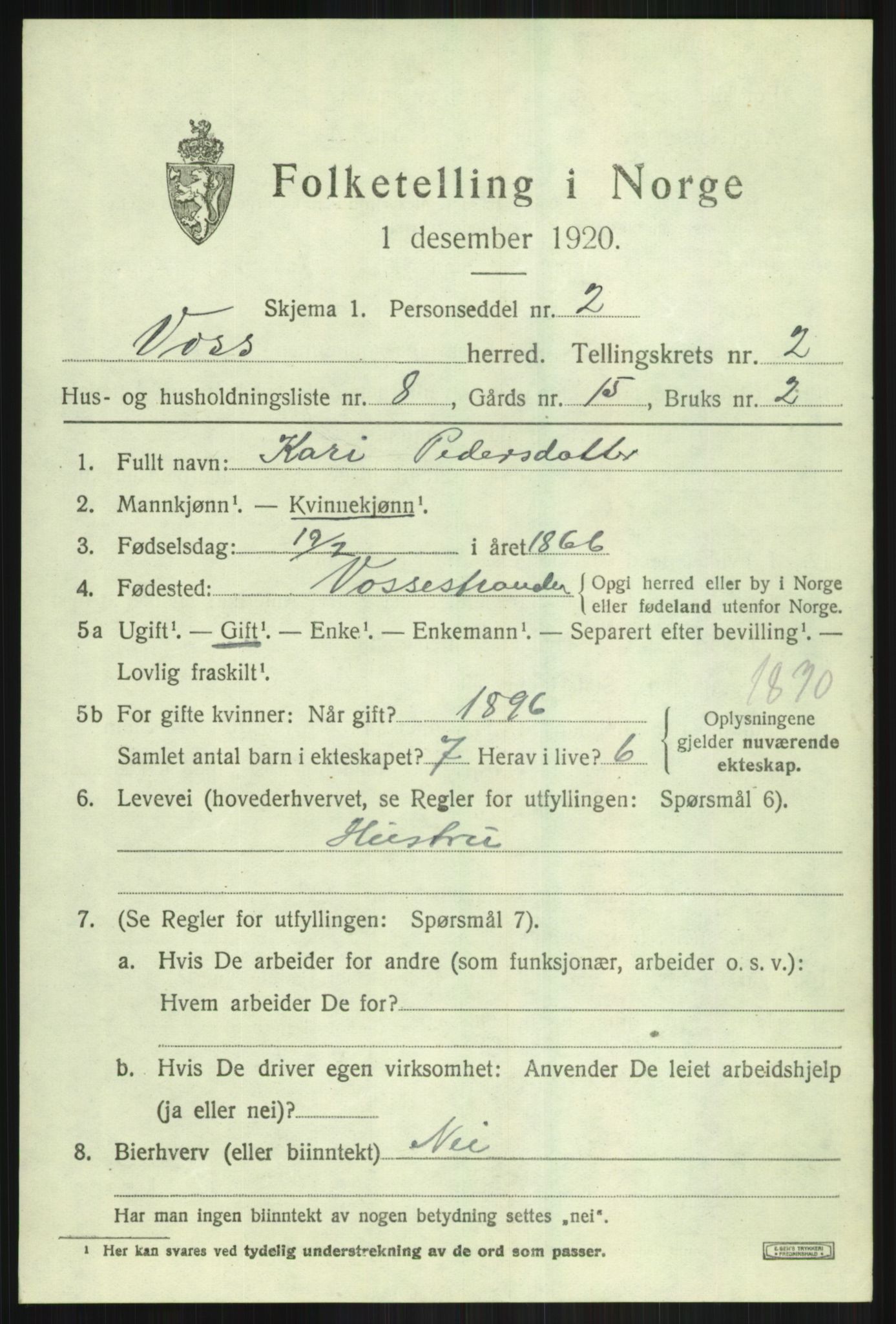 SAB, 1920 census for Voss, 1920, p. 3547