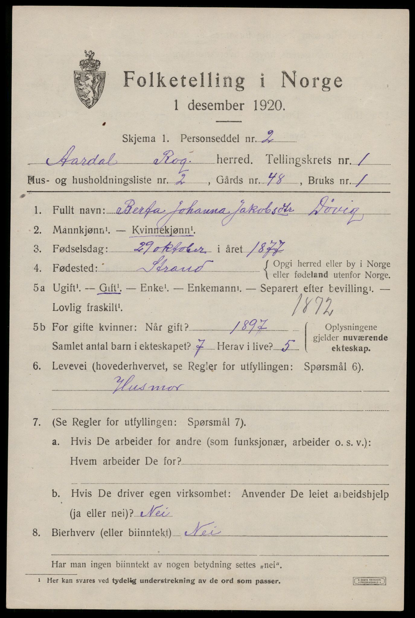 SAST, 1920 census for Årdal, 1920, p. 366