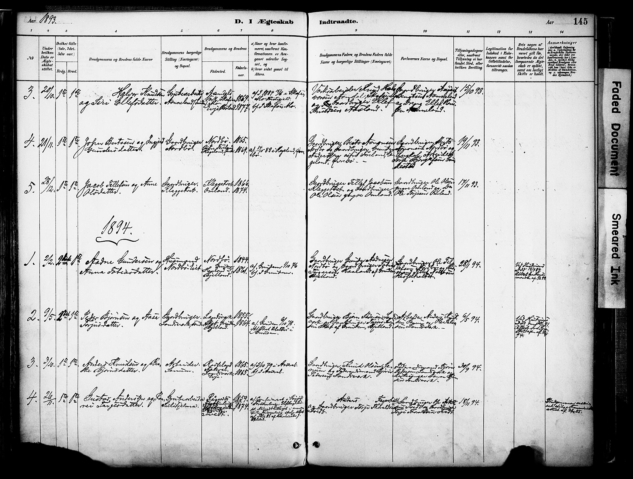 Evje sokneprestkontor, AV/SAK-1111-0008/F/Fa/Faa/L0007: Parish register (official) no. A 7, 1884-1909, p. 145