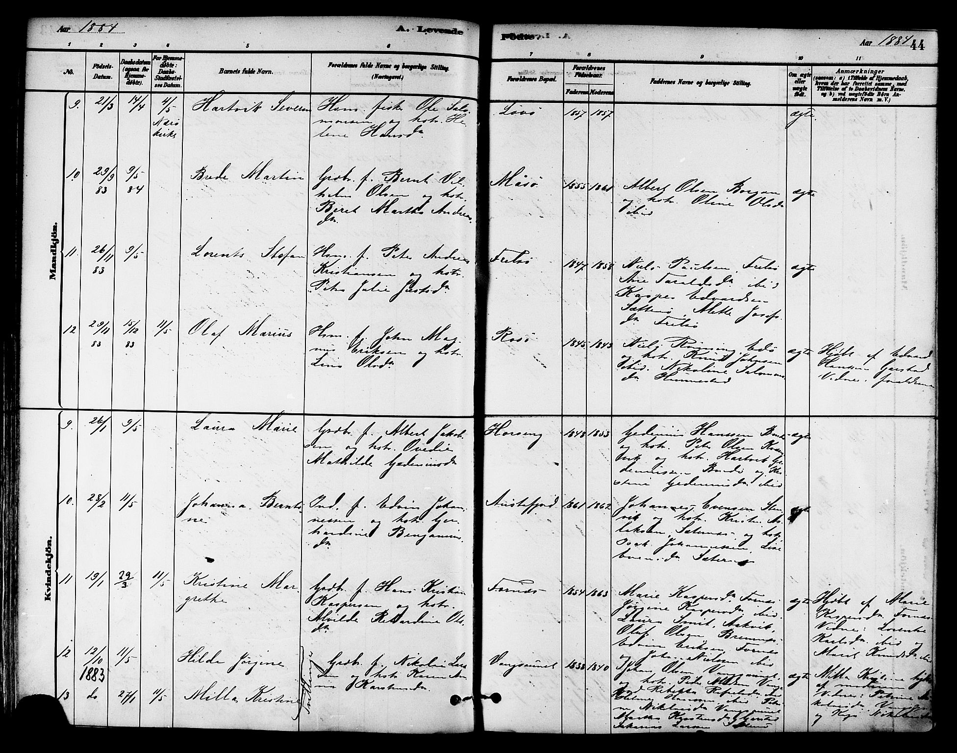 Ministerialprotokoller, klokkerbøker og fødselsregistre - Nord-Trøndelag, AV/SAT-A-1458/786/L0686: Parish register (official) no. 786A02, 1880-1887, p. 44