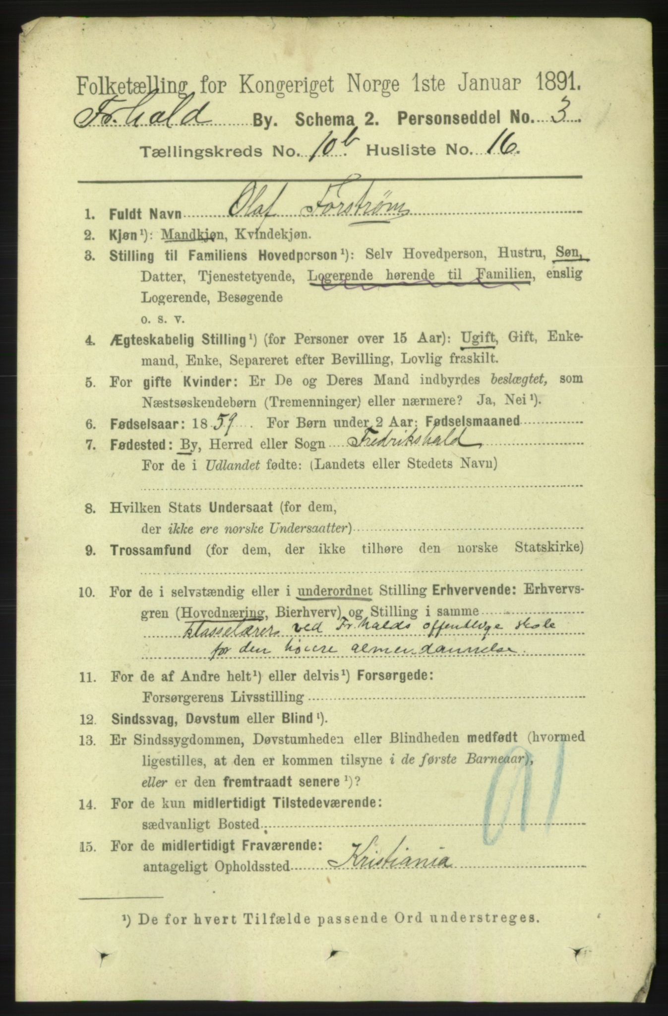 RA, 1891 census for 0101 Fredrikshald, 1891, p. 7531