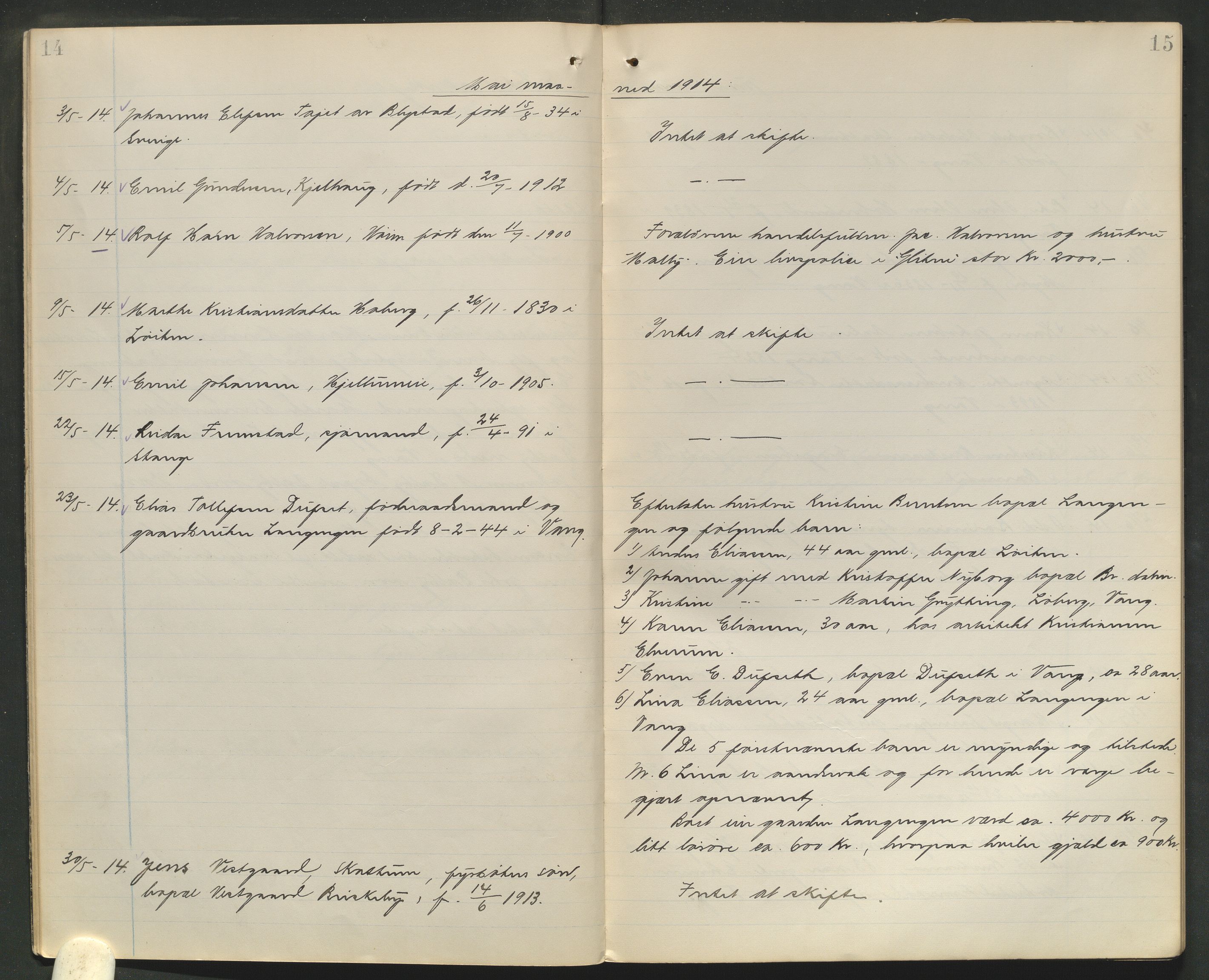 Nord-Hedmark sorenskriveri, AV/SAH-TING-012/J/Ji/L0010: Dødsfallsprotokoll - Vang, 1913-1916, p. 14-15