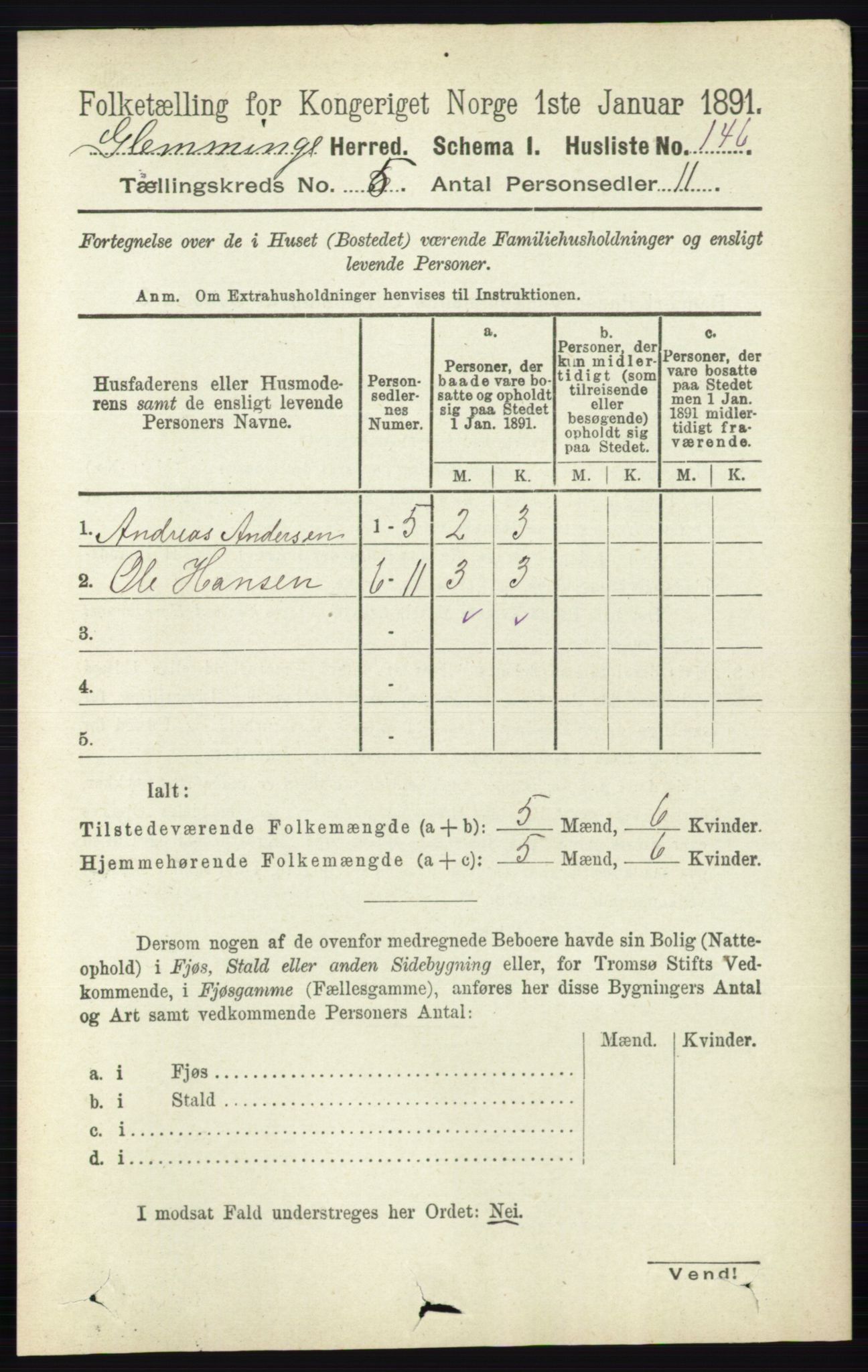 RA, 1891 census for 0132 Glemmen, 1891, p. 6043