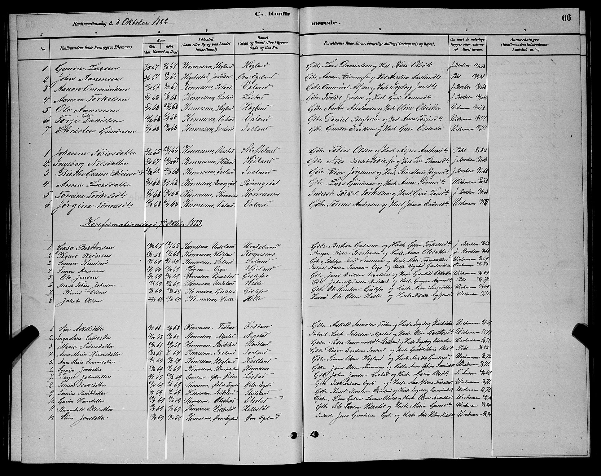 Nord-Audnedal sokneprestkontor, AV/SAK-1111-0032/F/Fb/Fba/L0003: Parish register (copy) no. B 3, 1881-1900, p. 66