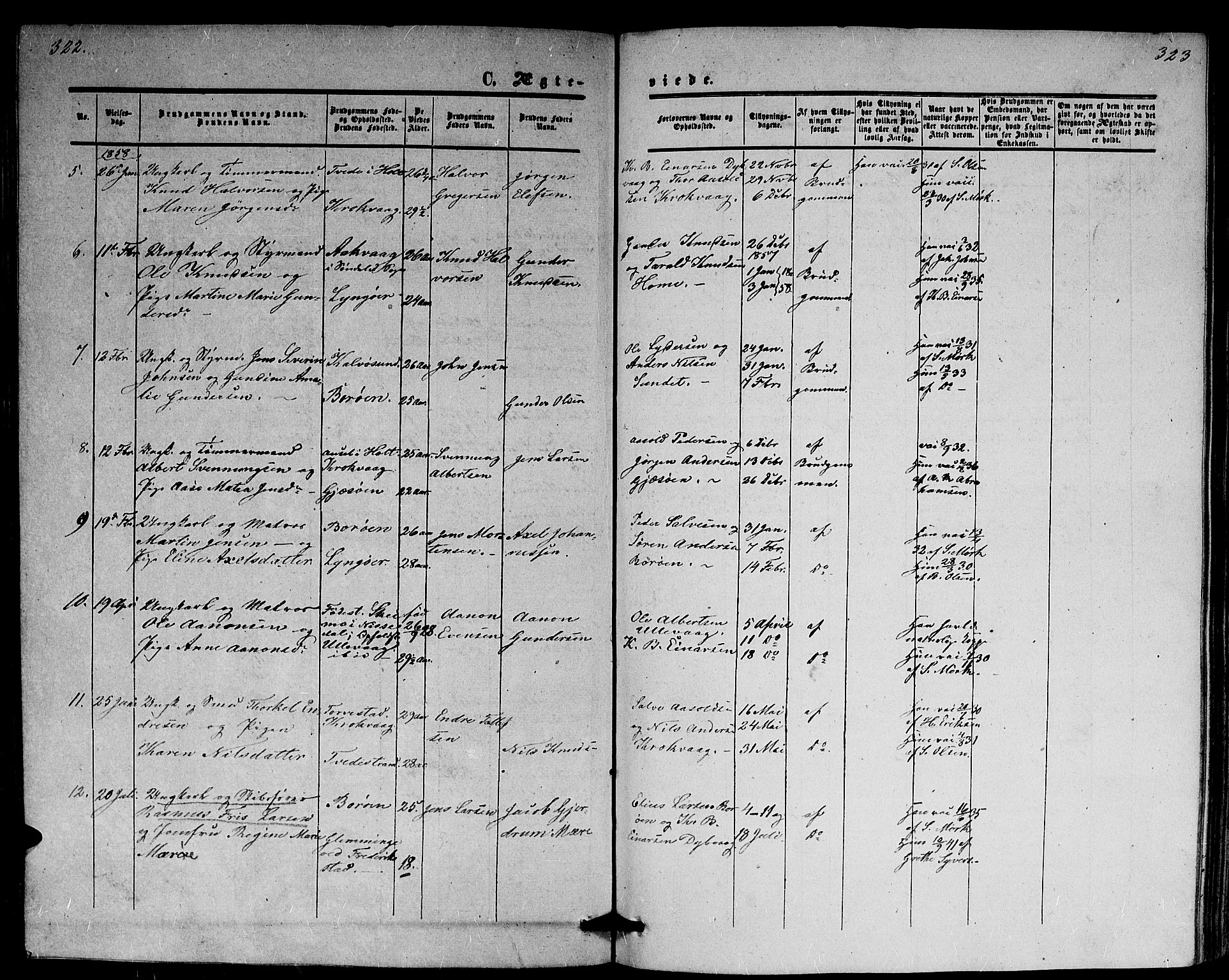 Dypvåg sokneprestkontor, SAK/1111-0007/F/Fb/Fba/L0011: Parish register (copy) no. B 11, 1857-1872, p. 322-323