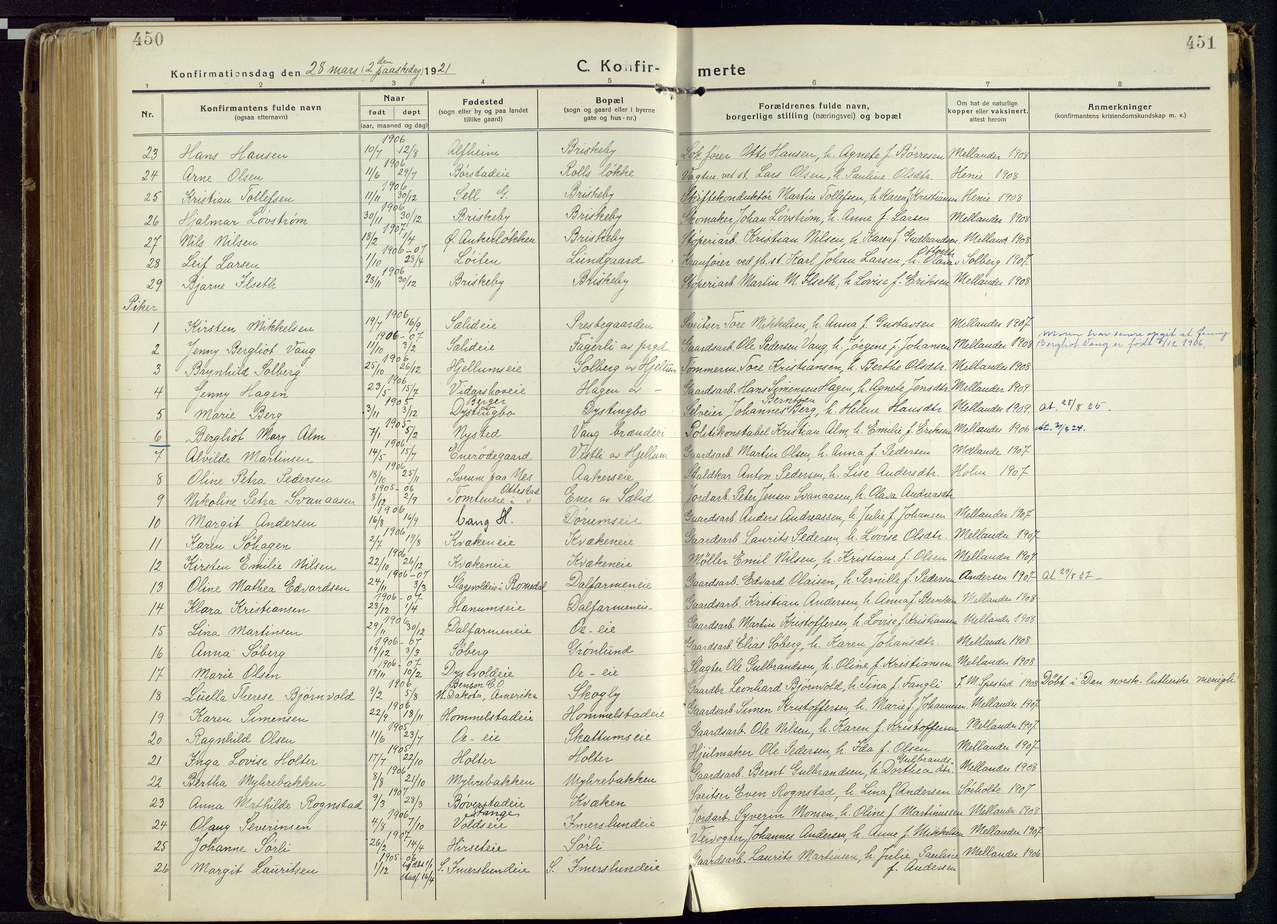 Vang prestekontor, Hedmark, SAH/PREST-008/H/Ha/Haa/L0022: Parish register (official) no. 22, 1918-1944, p. 450-451