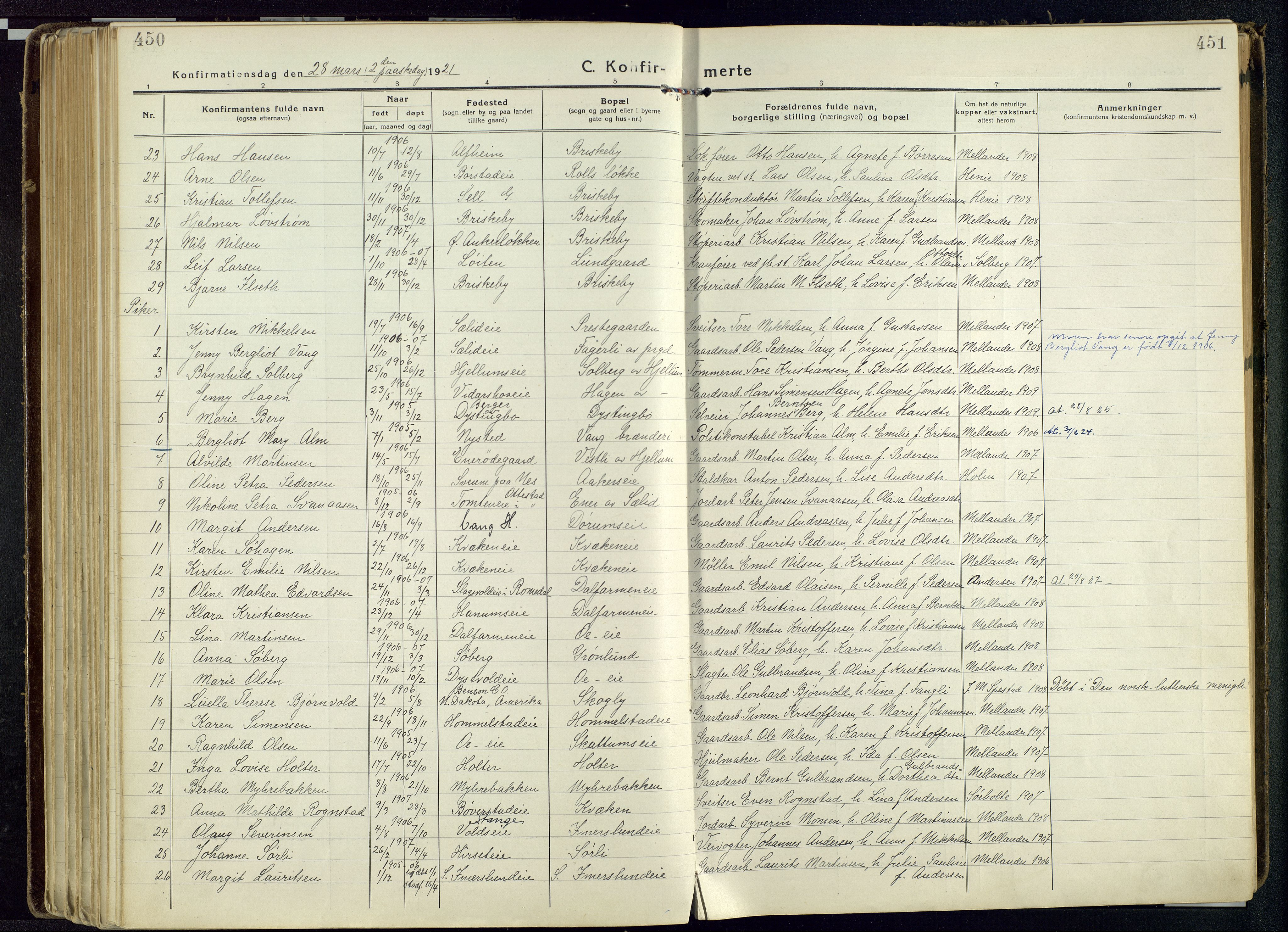 Vang prestekontor, Hedmark, AV/SAH-PREST-008/H/Ha/Haa/L0022: Parish register (official) no. 22, 1918-1944, p. 450-451